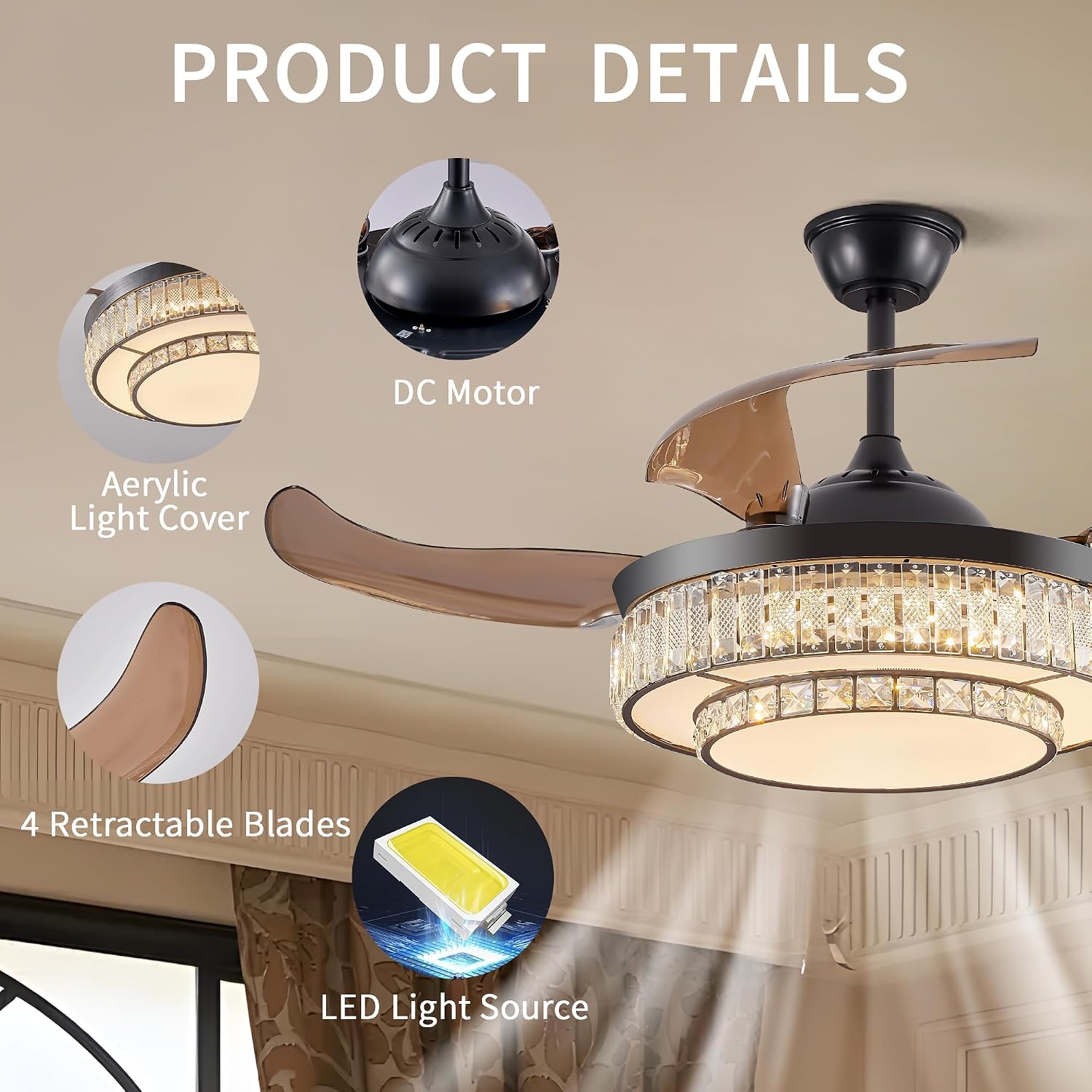 48 Inch Invisible Crystal Chandelier Fan with Remote Control, Modern Retractable Ceiling Fan Light, Black Fandelier for Bedroom, Living Room, Home Decor