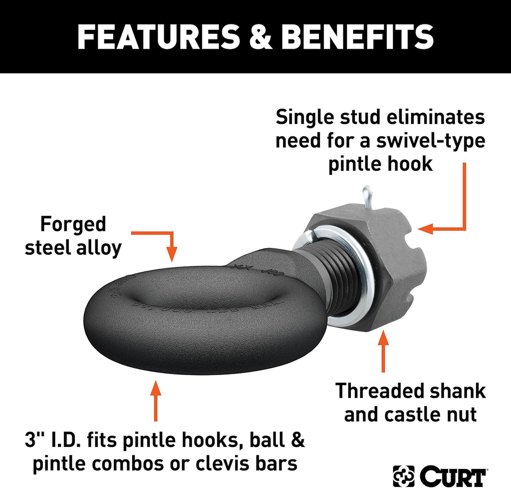 CURT 48530 Black Steel Pintle Hitch Lunette Ring with Swivel Castle Nut, 3-Inch Inside Diameter, 45,000 lbs.