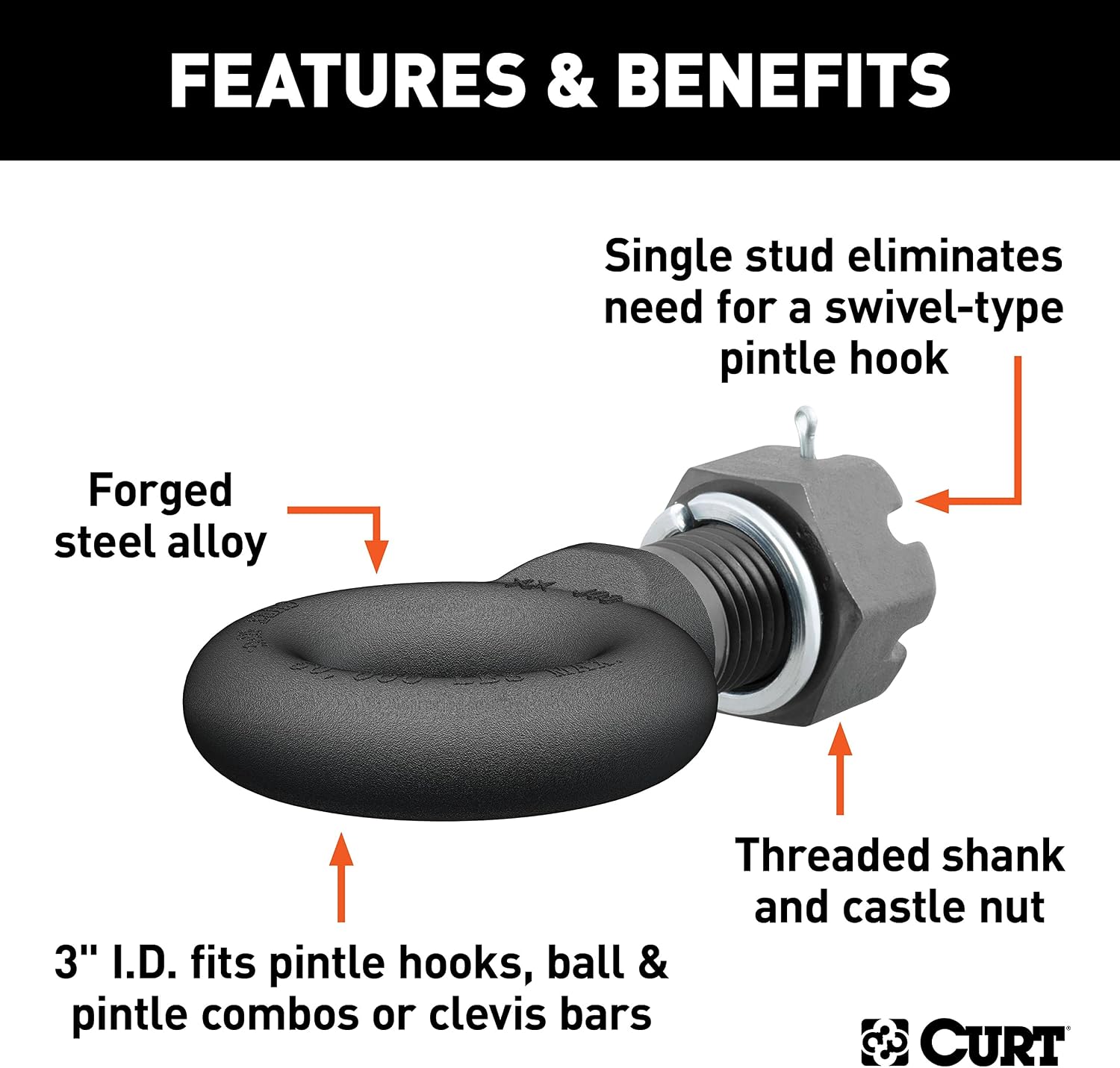 CURT 48530 Black Steel Pintle Hitch Lunette Ring with Swivel Castle Nut, 3-Inch Inside Diameter, 45,000 lbs.