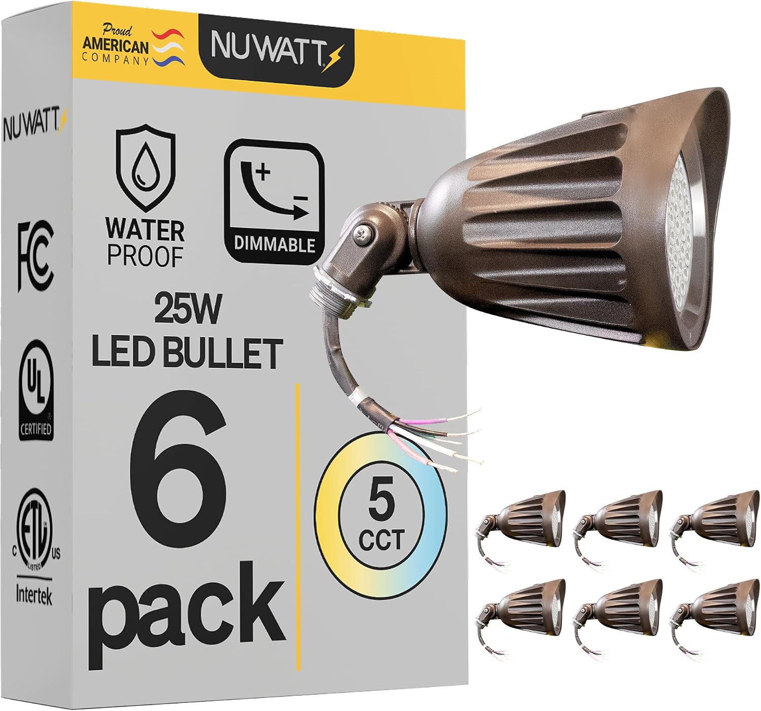 NUWATT 25W Bullet Spot Lights Outdoor LED Landscape Light, 3500 LM Bright Outdoor Lighting for Yard, 30K/40K/50K Selectable, 1/2' Knuckle Mount, 120-277V Waterproof Flag Pole Lights (6-Pack)
