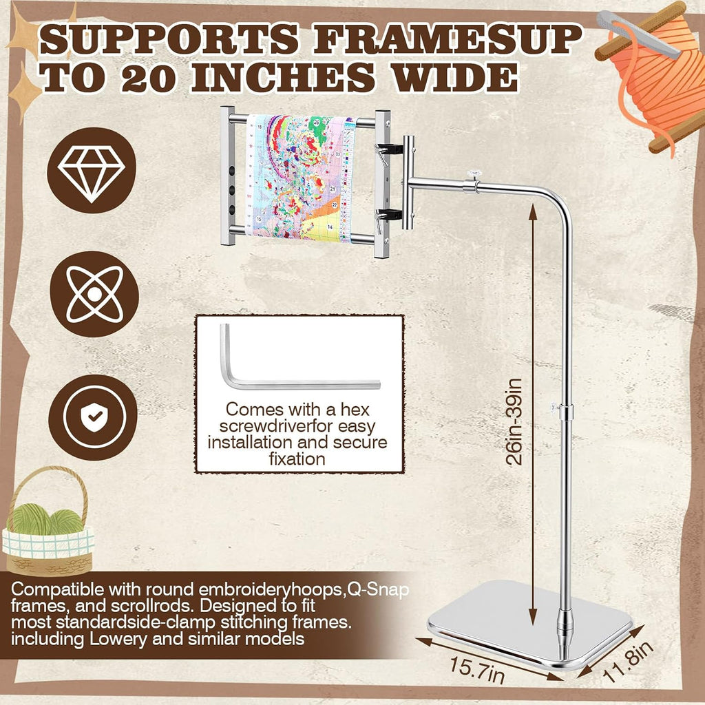 Novabright Adjustable Embroidery Stand with Side Clamp—Needlework Frame Holder for Cross Embroidery, Punch Needle, and Hand Sewing Projects Fits Scroll Rods up to 20 Inches & Q-Snap Frames