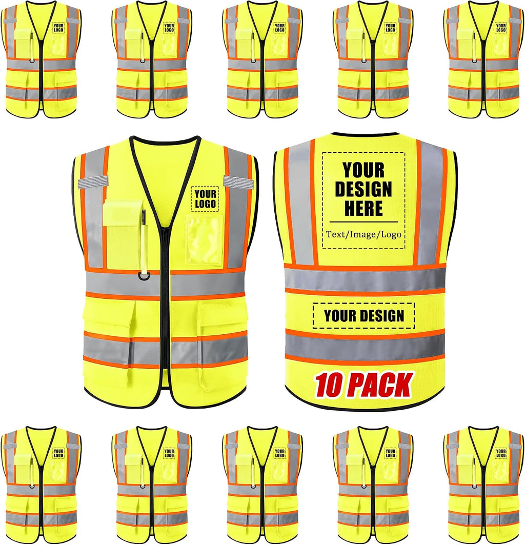 Custom Safety Vest with Logo, High Visibility Reflective Personalized Vest with Pockets and Zipper for Men Women Work
