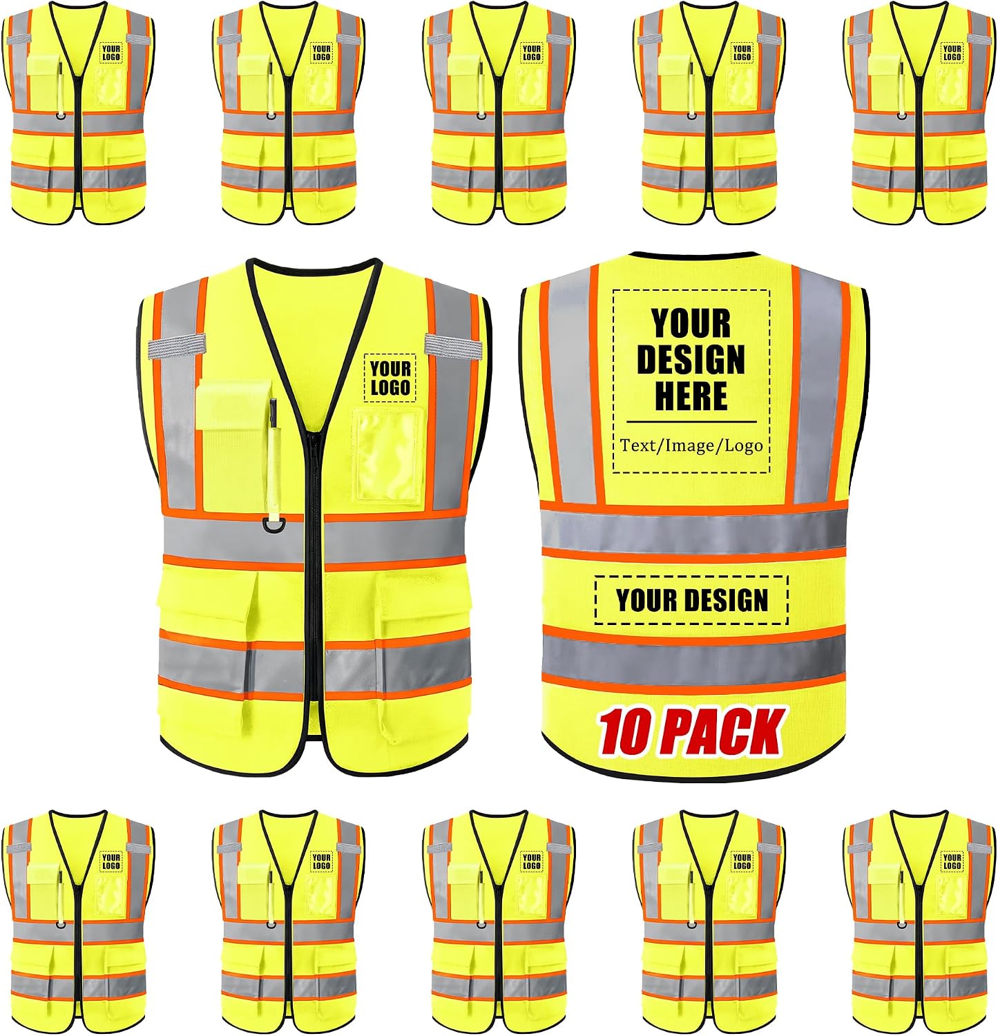Custom Safety Vest with Logo, High Visibility Reflective Personalized Vest with Pockets and Zipper for Men Women Work