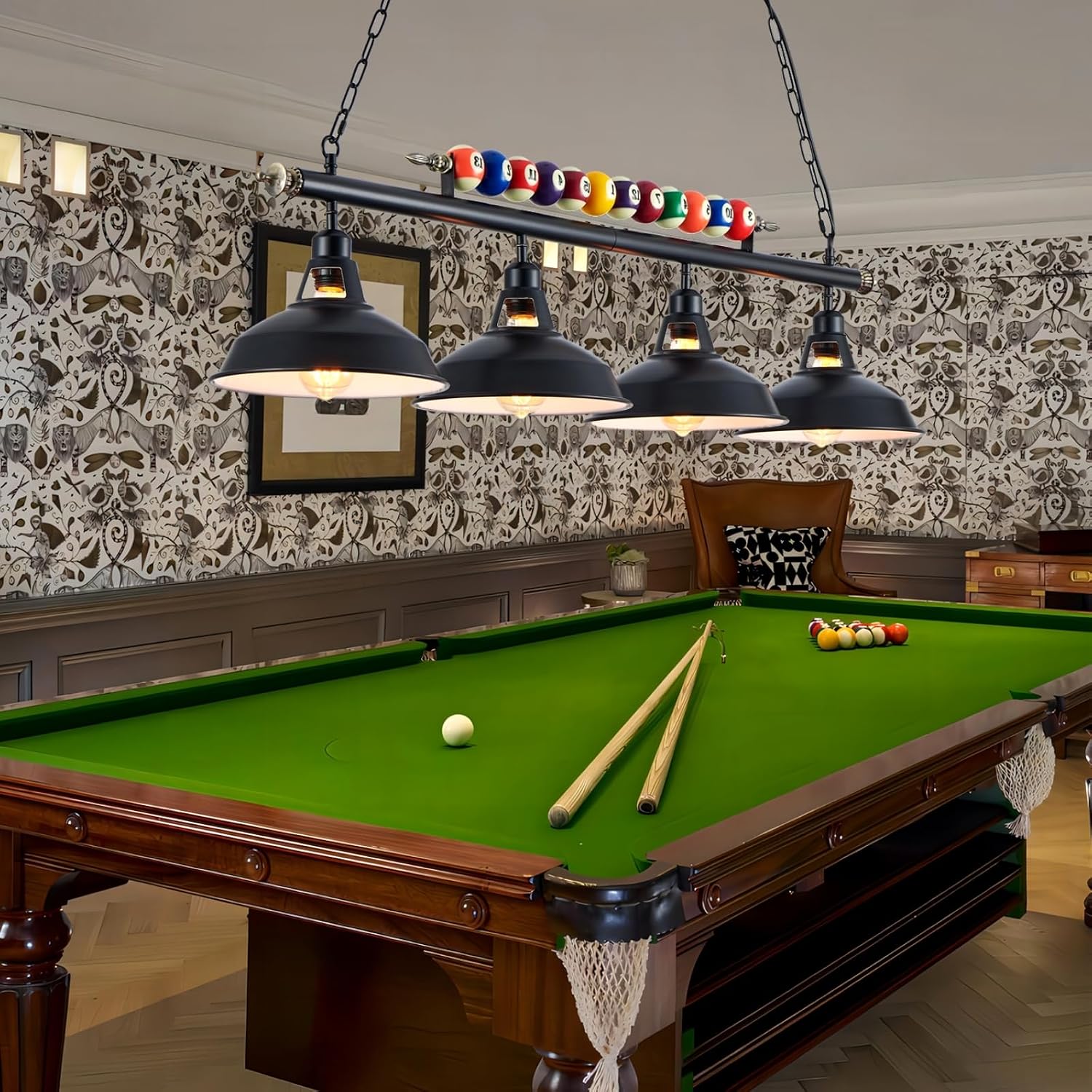 Billiard Pool Table Lights 4-Light Black Matte Metal Shades, 50'' Pool Table Lighting for 7'-8' Table, Billiard Light Suitable for Billiards Room, Snooker Table, Kitchen Island