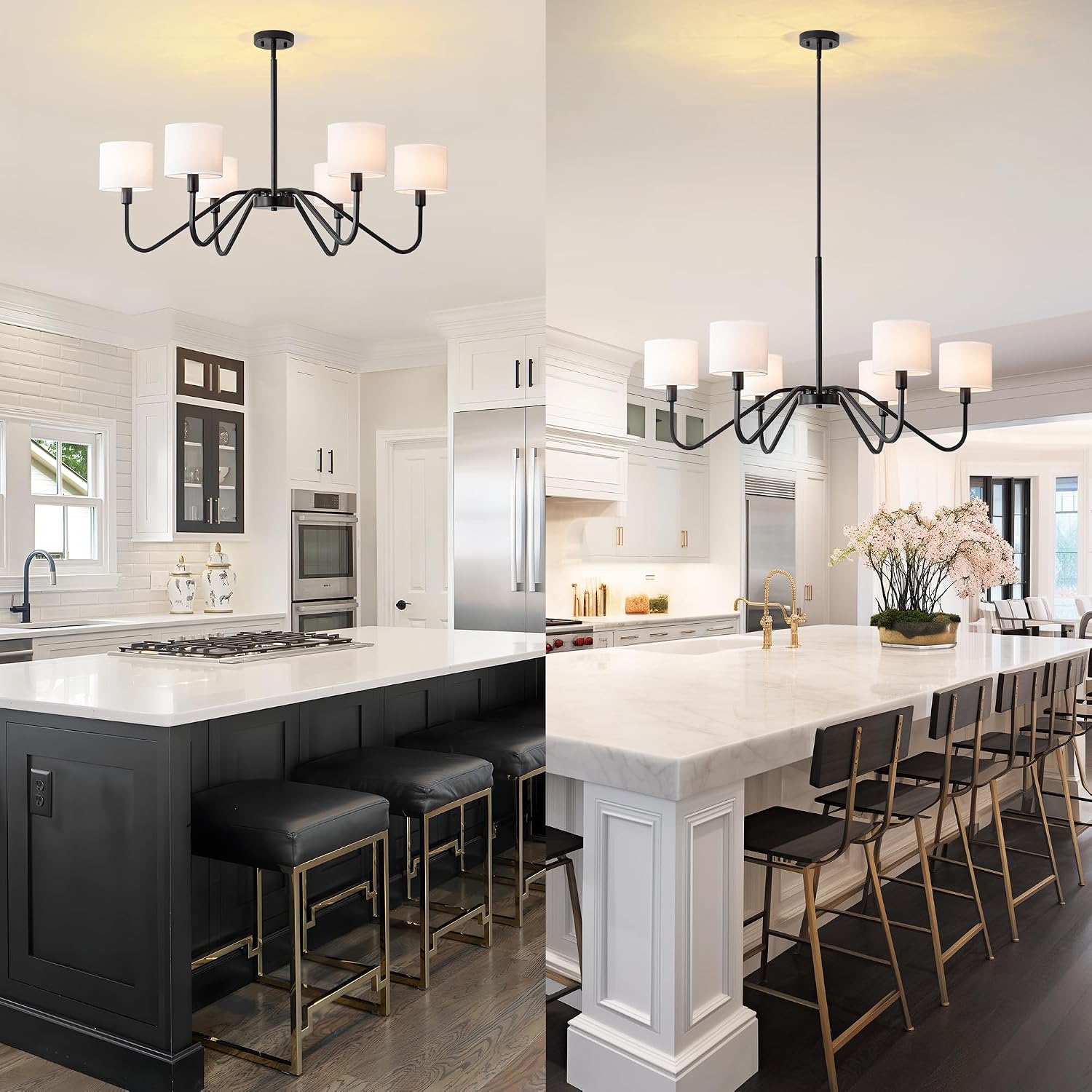 Modern Black 6-Light Chandelier, 39' Pendant Light with White Fabric Shade Adjustable Classic Chandelier Light Fixtures for Kitchen Island Dining & Living Room Entryway