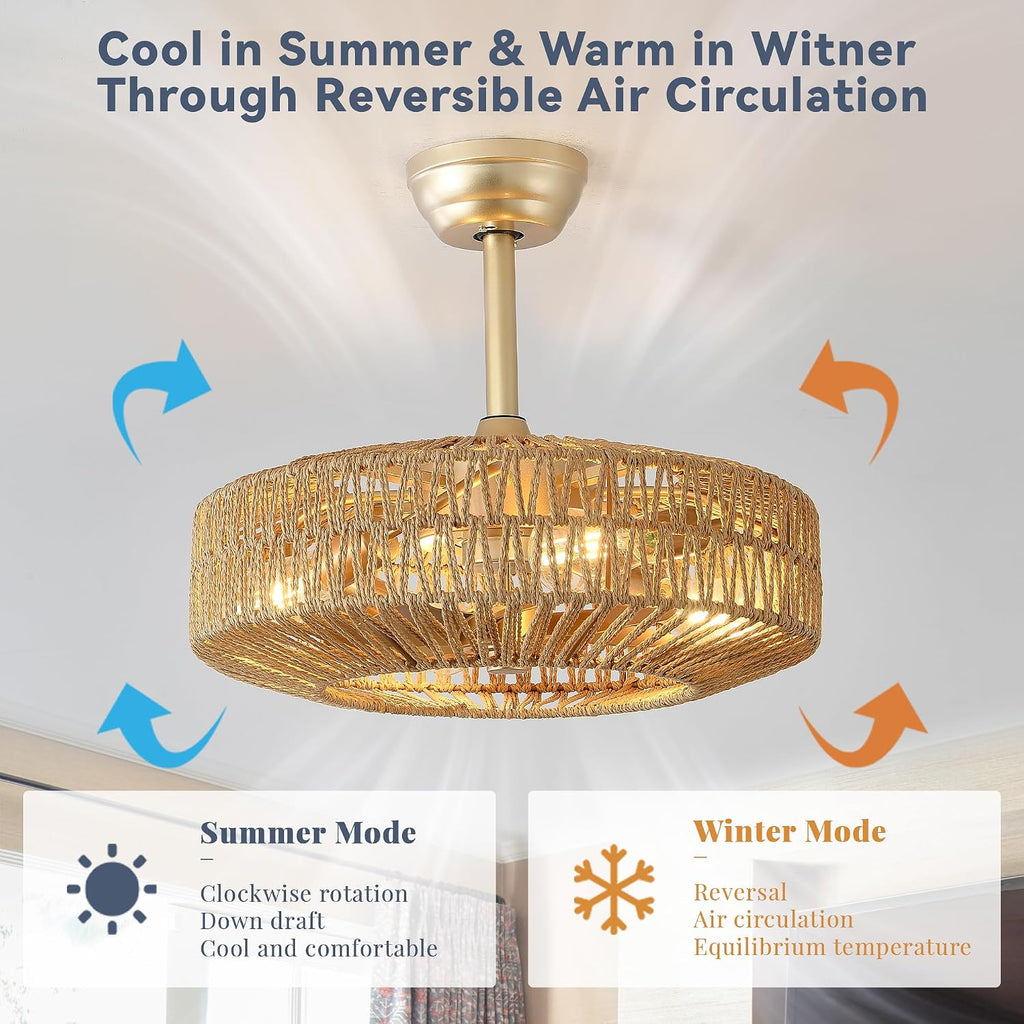 20 inch Boho Ceiling Fan with Light, 6 Speeds, Remote Control, Timer Function, Bladeless Design, Gold
