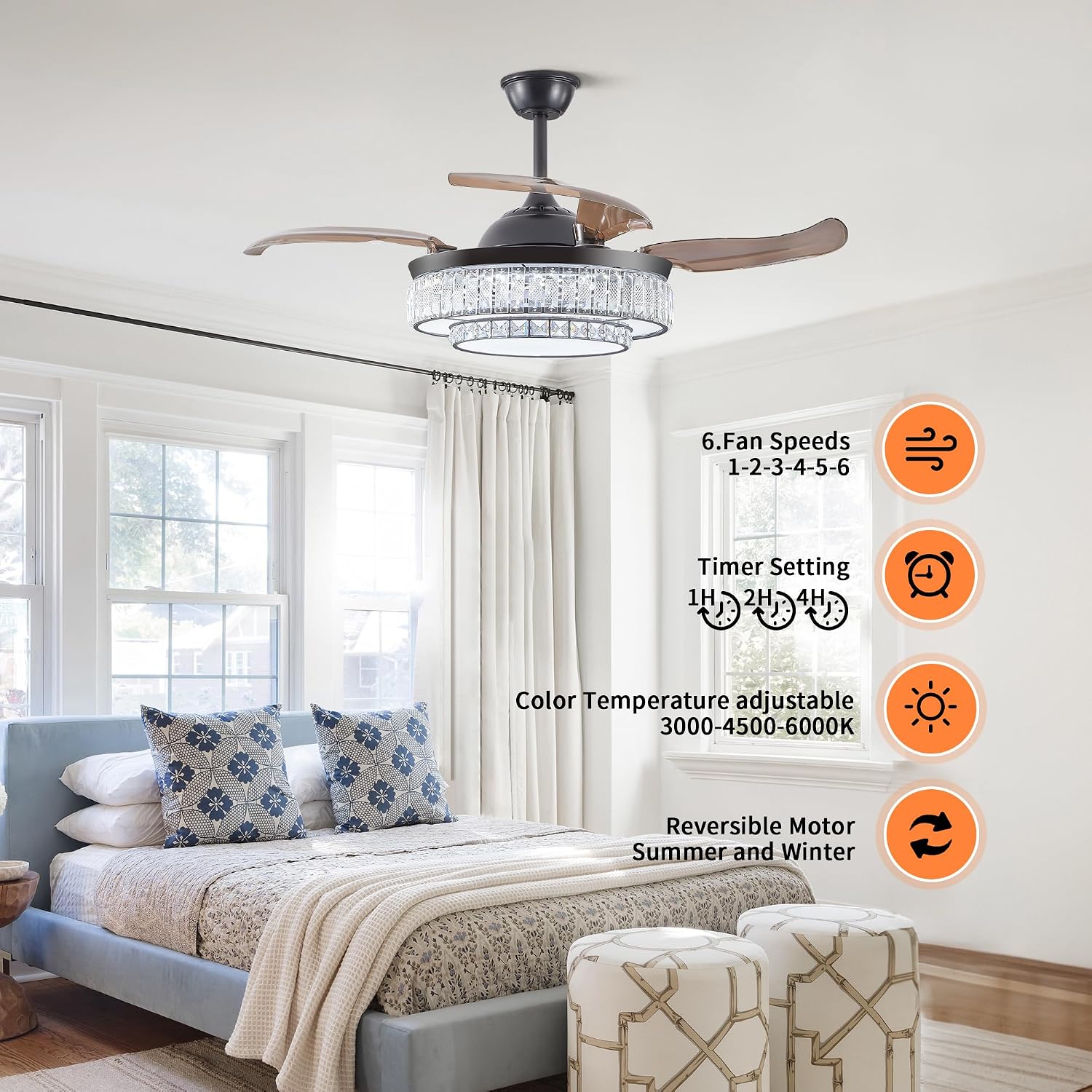 48 Inch Invisible Crystal Chandelier Fan with Remote Control, Modern Retractable Ceiling Fan Light, Black Fandelier for Bedroom, Living Room, Home Decor