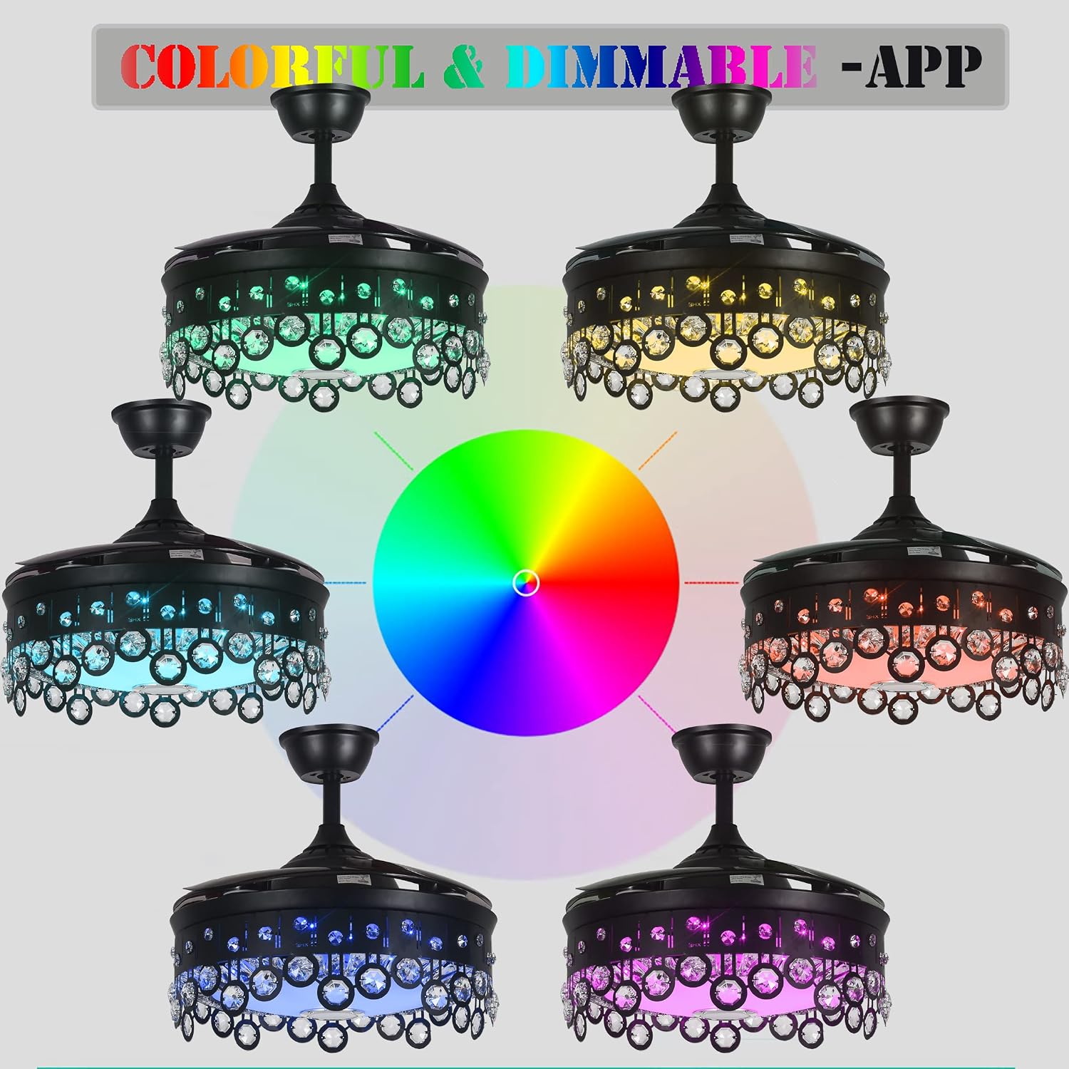 Fandian Retractable Ceiling Fan with Light, Modern 42' Bluetooth Speaker Dimmable Tunable 7 Color Lighting Black Chandelier Ceiling Fan Fandelier with Remote Control for Living Bedroom