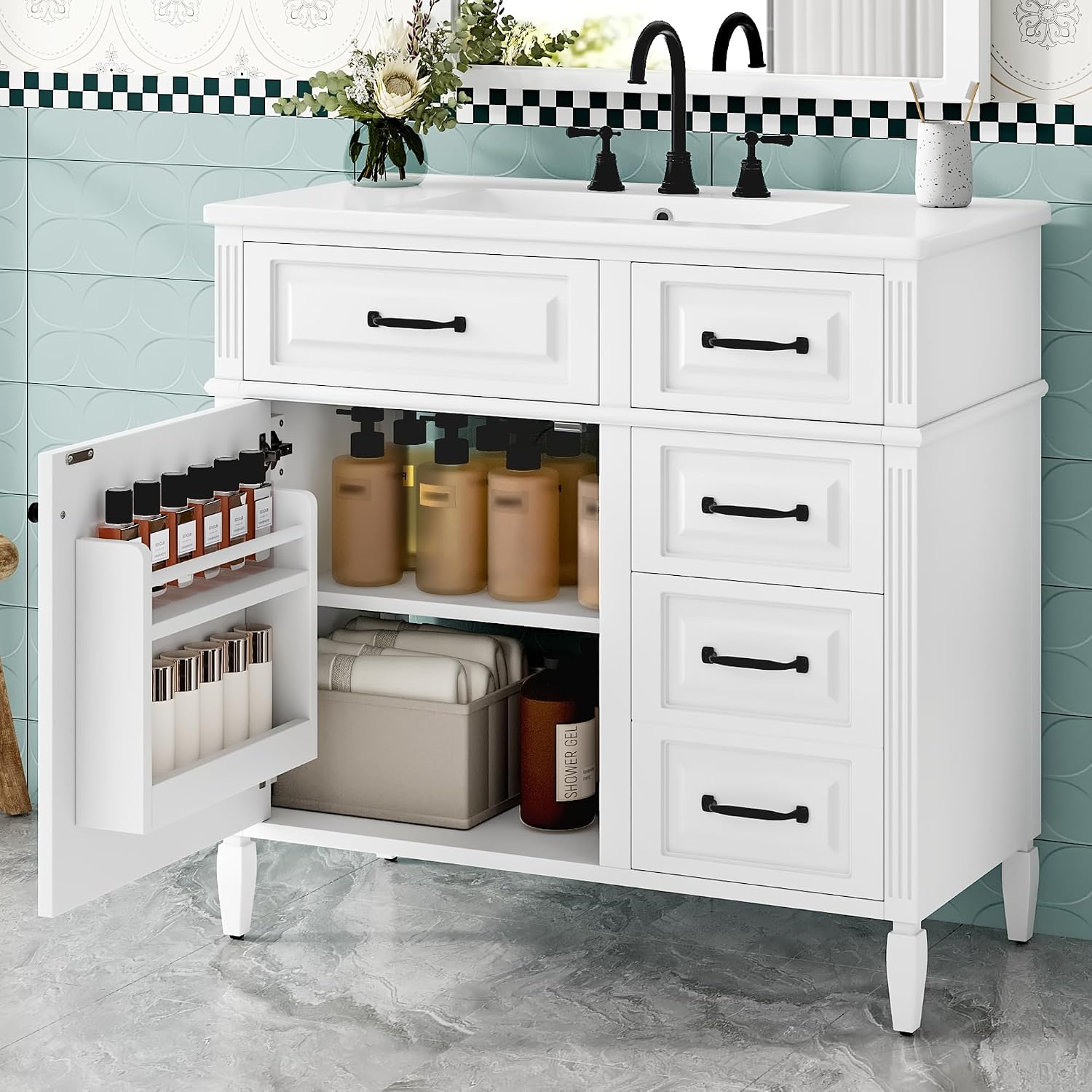 36' Bathroom Vanities with Sink Top, Bathroom Cabinet with Soft-Closing Door with Rack, 4 Drawers(with Tip-Out Drawers), Adjustable Shelf, Solid Wood Frame, White