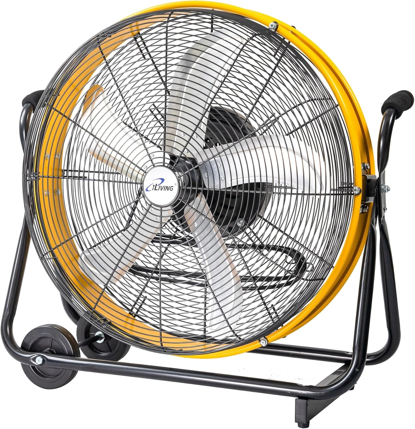 iLiving 24 Inch 3-Speed Orbital Internal Oscillating High Velocity Barrel Floor Fan for Office, Auto Shop, Garage, Workshop, Warehouse, 7800 CFM, Yellow