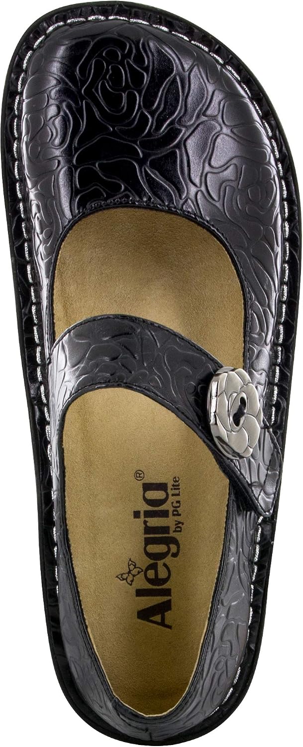 Alegria Women's Paloma Mary Jane Nurse Shoe Clogs Comfort Leather Black Embossed Rose 12 W US