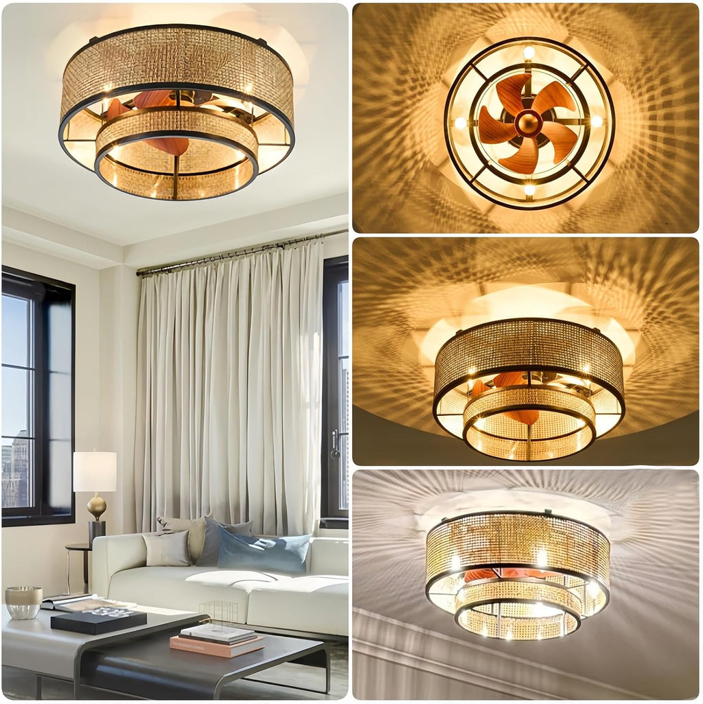 18.9' Boho Caged Ceiling Fan with Lights Remote, 4-Light Vintage Rattan Woven Chandelier Fan with Light Reversible Motor, Chandelier Ceiling Fan for Bedroom, Living Room