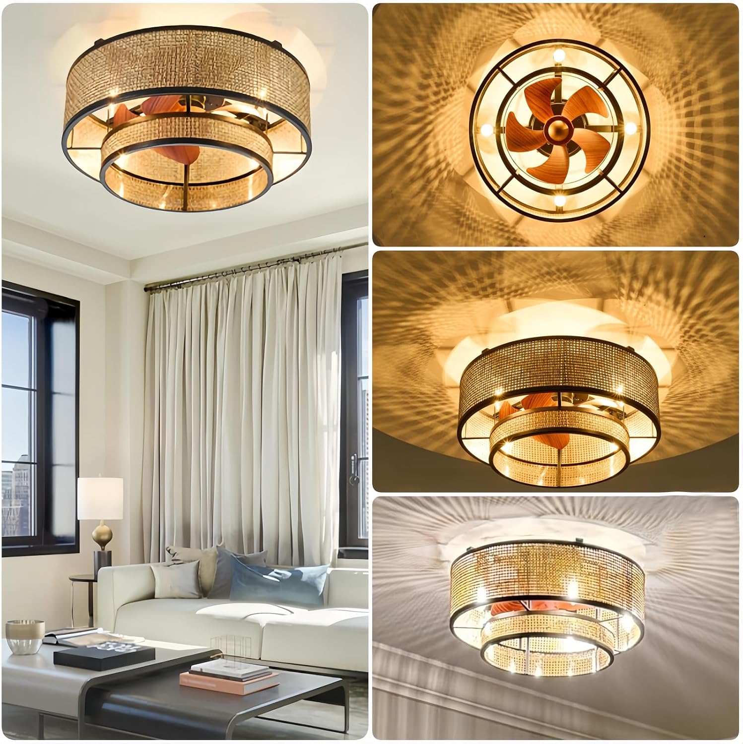 18.9' Boho Caged Ceiling Fan with Lights Remote, 4-Light Vintage Rattan Woven Chandelier Fan with Light Reversible Motor, Chandelier Ceiling Fan for Bedroom, Living Room