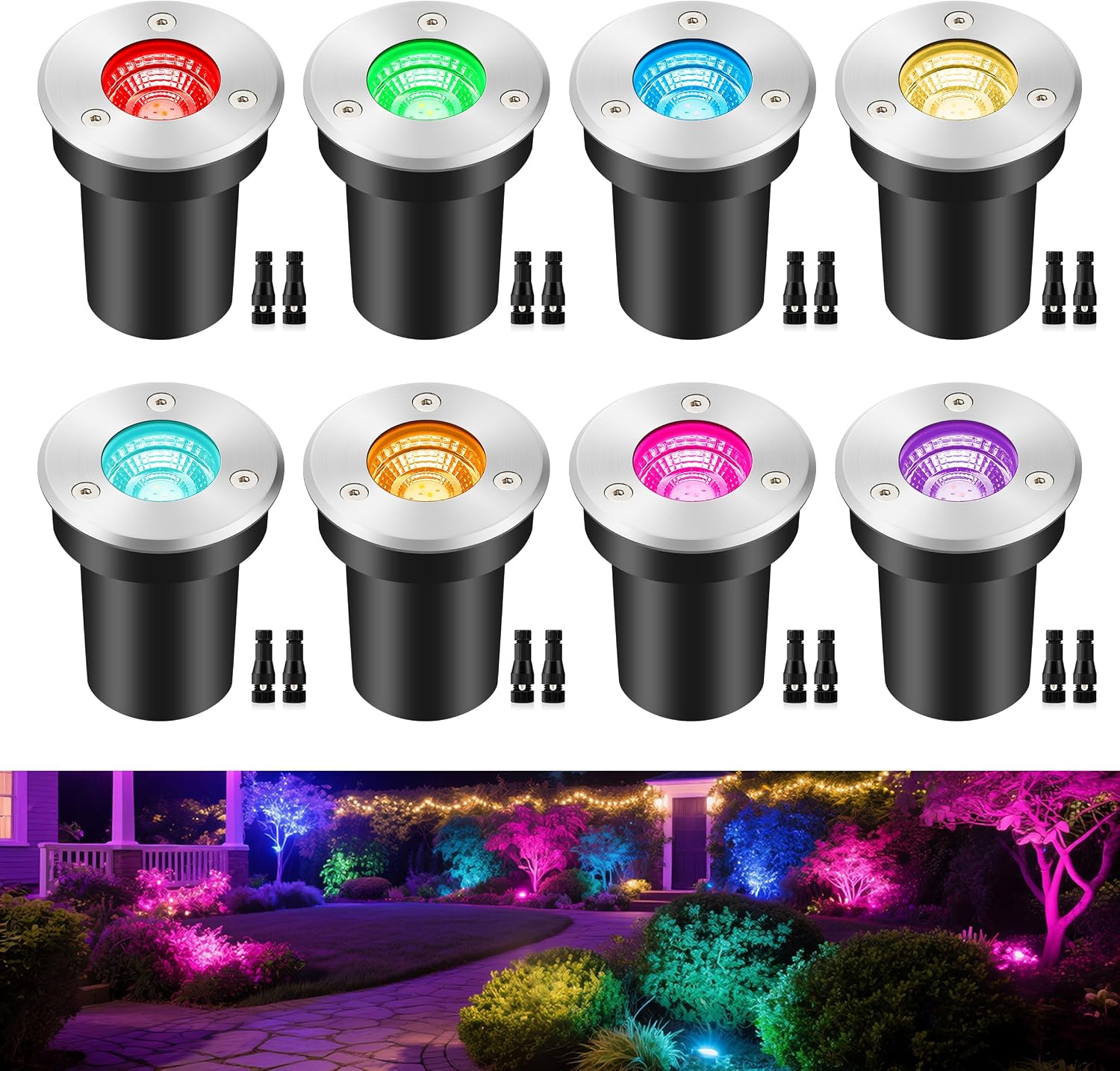 Low Voltage Outdoor Landscape Lighting RGBW Spotlight,Color Changing Outdoor Ground Light,8Pack IP67 Waterproof Pathway Lights,Low Voltage LED In-Ground Light for Garden Yard