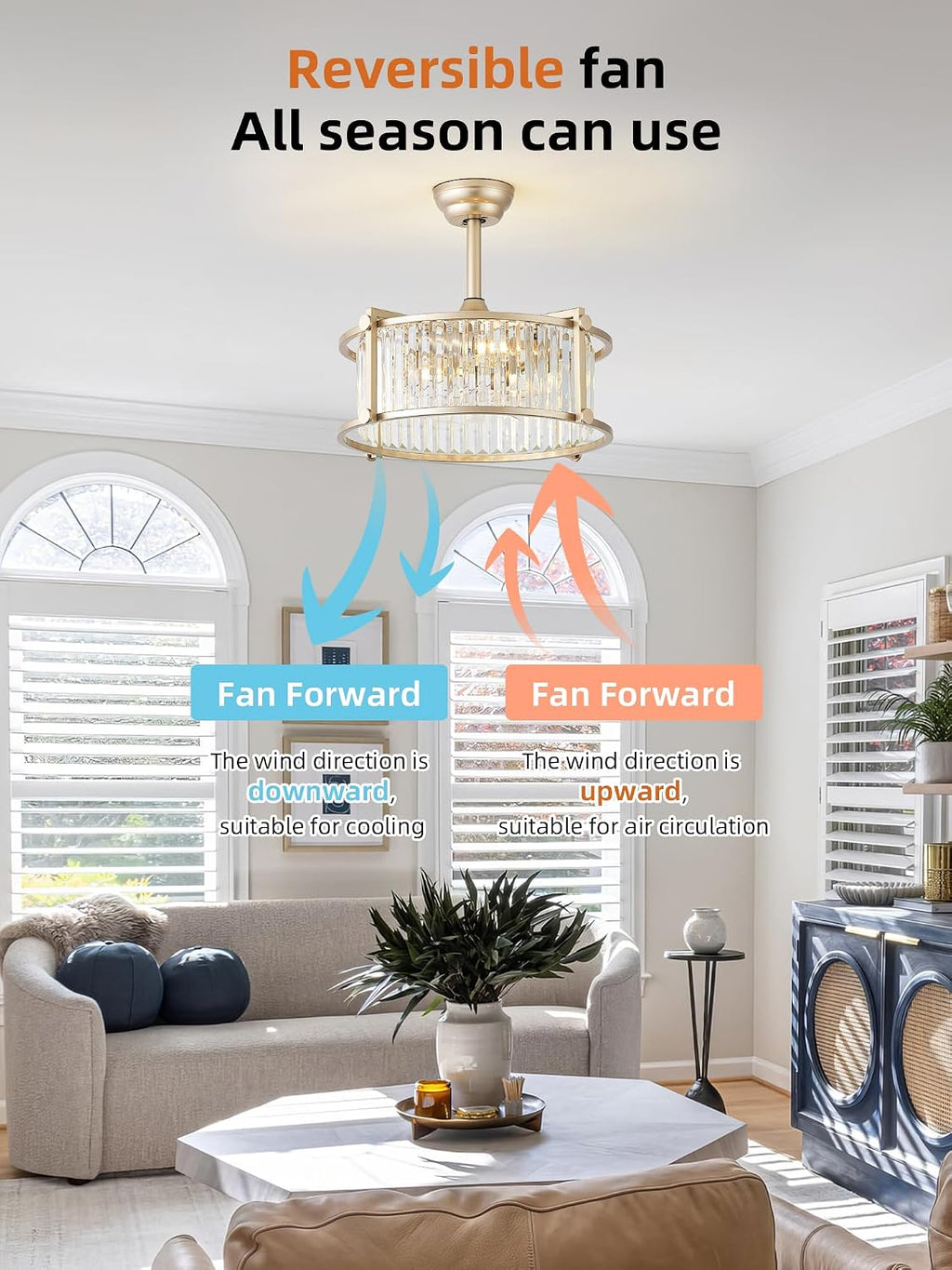 20' Gold Crystal Fandelier Ceiling Fans with Lights, Gold Crystal Industrial Chandelier Ceiling Fan with Light and Remote, Caged with 6 Speeds for Bedroom, Nursery, Living Room