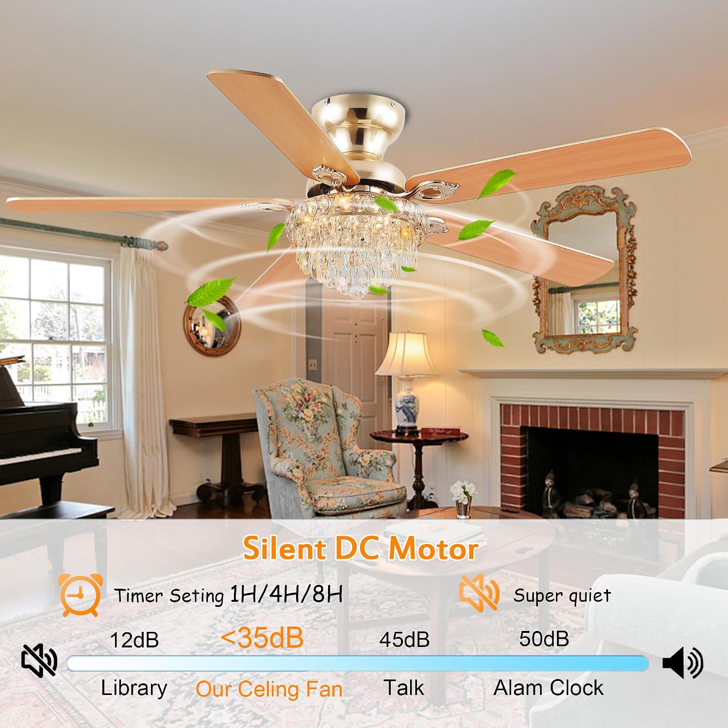 GJeg Crystal Ceiling Fan Fandelier with Lights-Ceiling Fans with Remote Control,Modern Ceiling Fan with Noiseless DC Reversible Motor,Dining Room,Living Room(52' Gold)