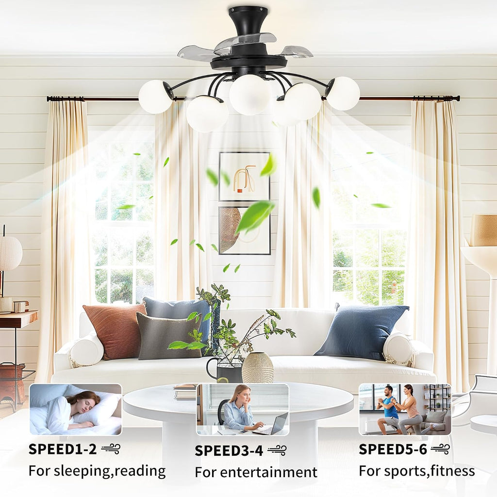 8-Light Bubble Fandelier, Black and White Glass Globe, 34 Inches | Sputnik Design, 3 Retractable Hidden Blades, 6 Speeds Reversible Motor, Remote & Timer, Ceiling Fan with Light