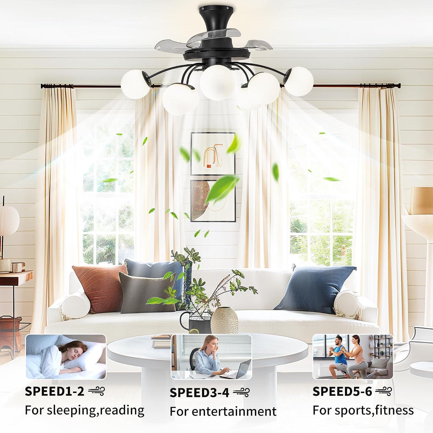 8-Light Bubble Fandelier, Black and White Glass Globe, 34 Inches | Sputnik Design, 3 Retractable Hidden Blades, 6 Speeds Reversible Motor, Remote & Timer, Ceiling Fan with Light