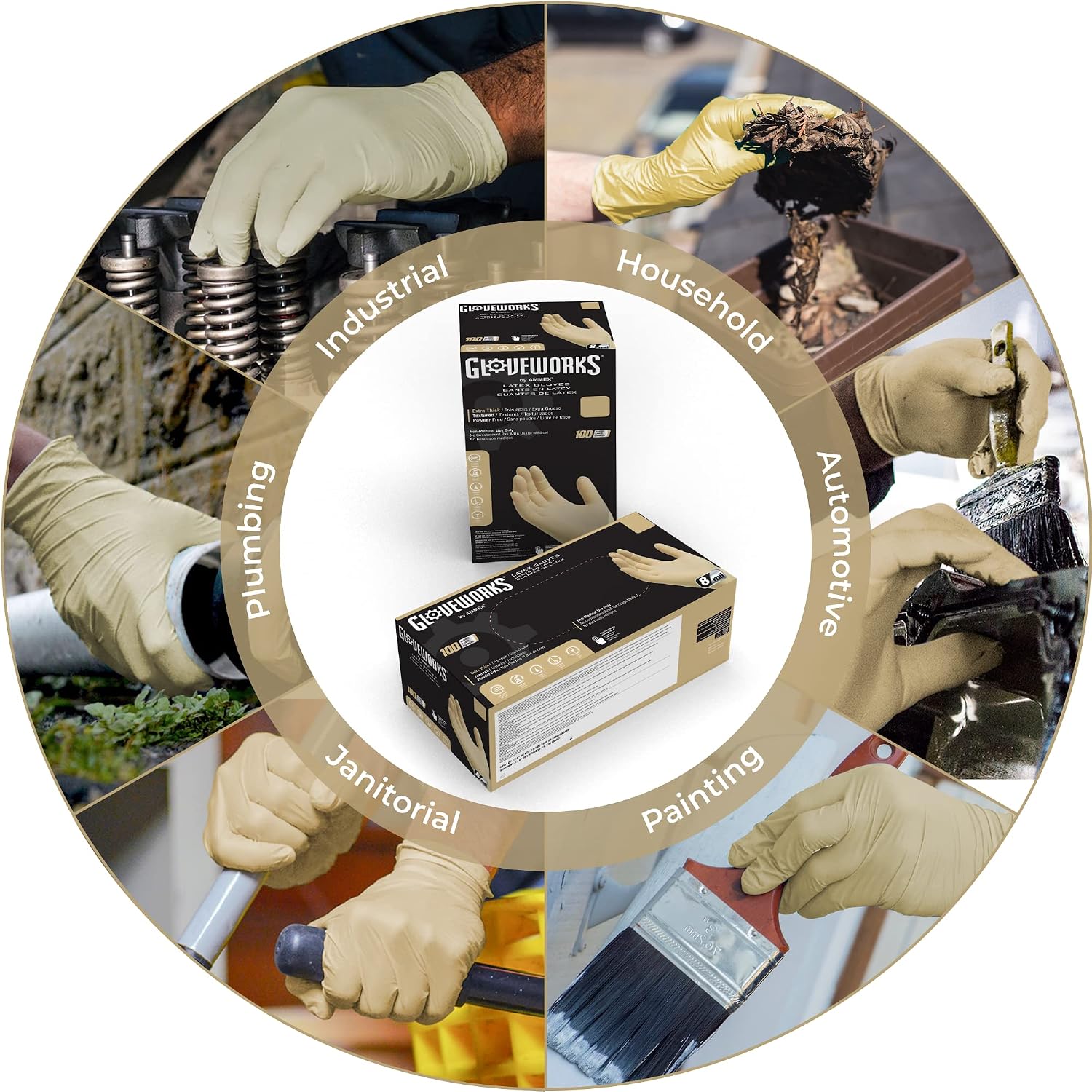 GLOVEWORKS HD Ivory Latex Industrial-Grade Disposable Gloves, 8 Mil, Powder-Free, Double Chlorinated, Large, Case of 1000