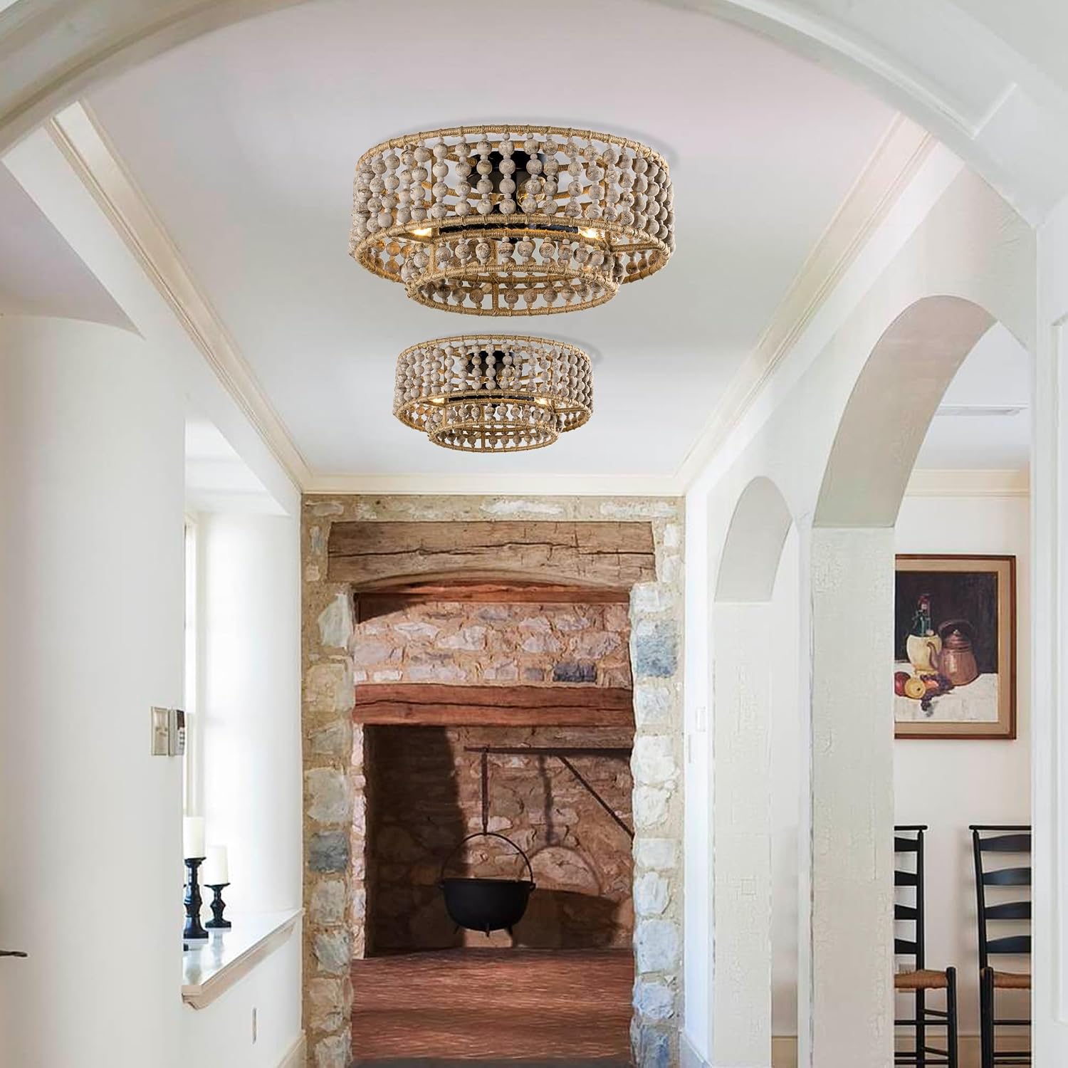 Wood Beaded Chandelier - 3 Lights Boho Flush Mount Light Fixture Farmhouse Chandeliers for Bedroom Hallway Kitchen Island Foyer Entryway Nursery Living Room