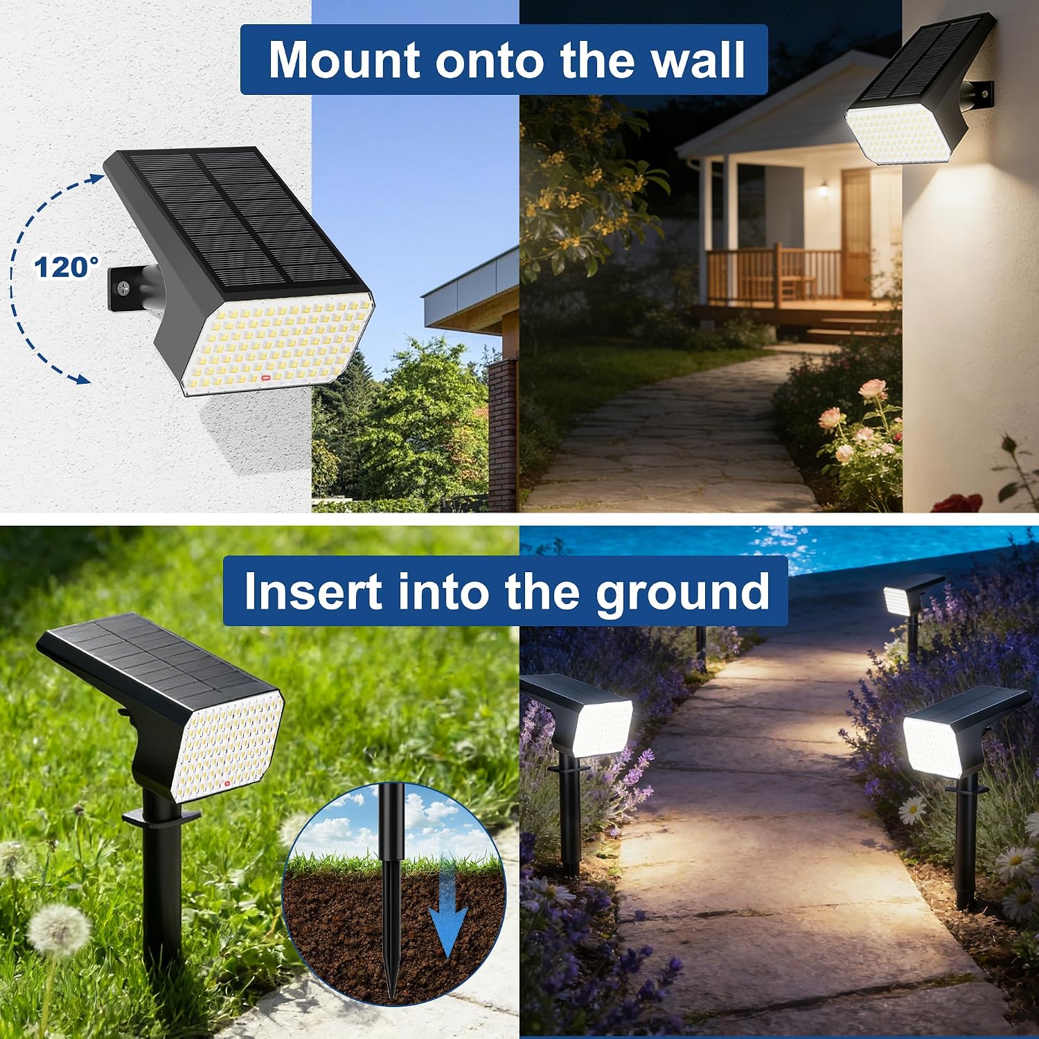 LANSOW Solar Spot Lights Outdoor 90LED 12 Pack Cool White& Solar Lights Outdoor Waterproof 8 Pack Daywhite