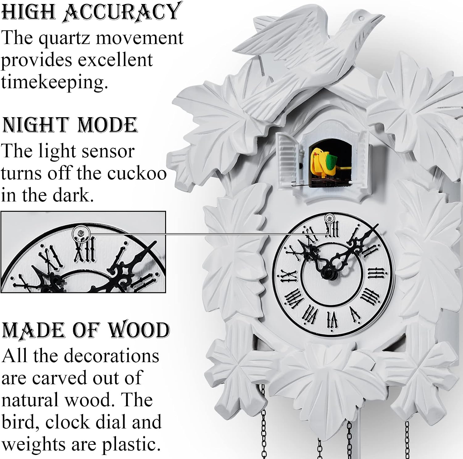 TIMEGEAR Cuckoo Clock with Night Mode, Hand Carved Decorations and Swinging Pendulum (White)