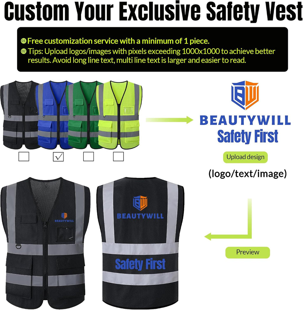 BeautyWill Custom LOGO Safety Vests Reflective Vest Class 2 ANSI with Pockets Zipper High Visibility Construction Uniform