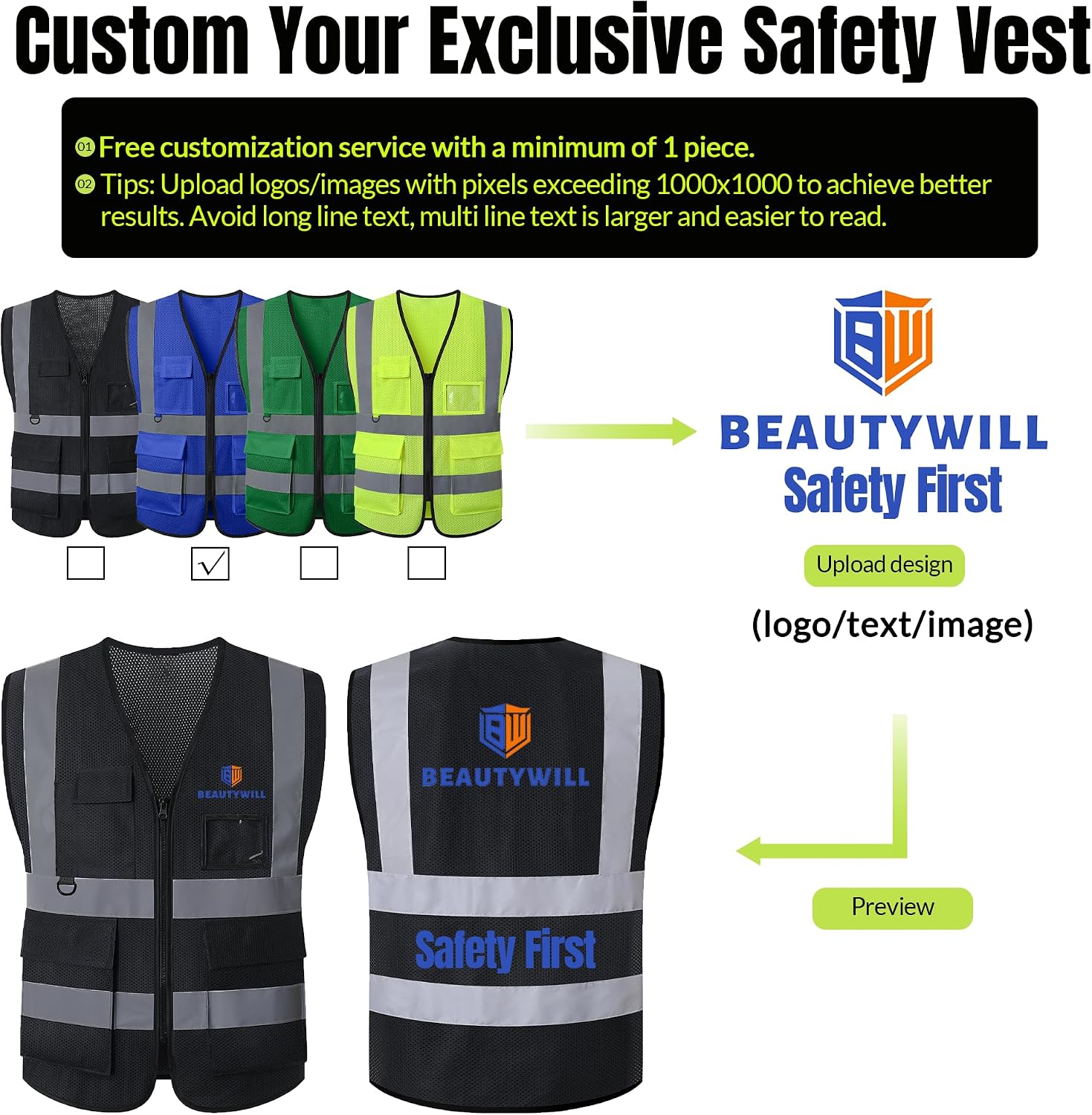 BeautyWill Custom LOGO Safety Vests Reflective Vest Class 2 ANSI with Pockets Zipper High Visibility Construction Uniform