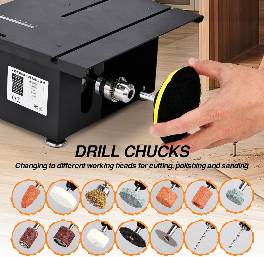 Upgraded 400W Mini Table Saw, Desktop Electric Saw for Crafts, Speed & Angle Adjustable, Cutting/Sanding/Engraving/Drilling All-in-One for DIY Wood/PCB/Acrylic/Plastic (0-30mm Liftable, Black)