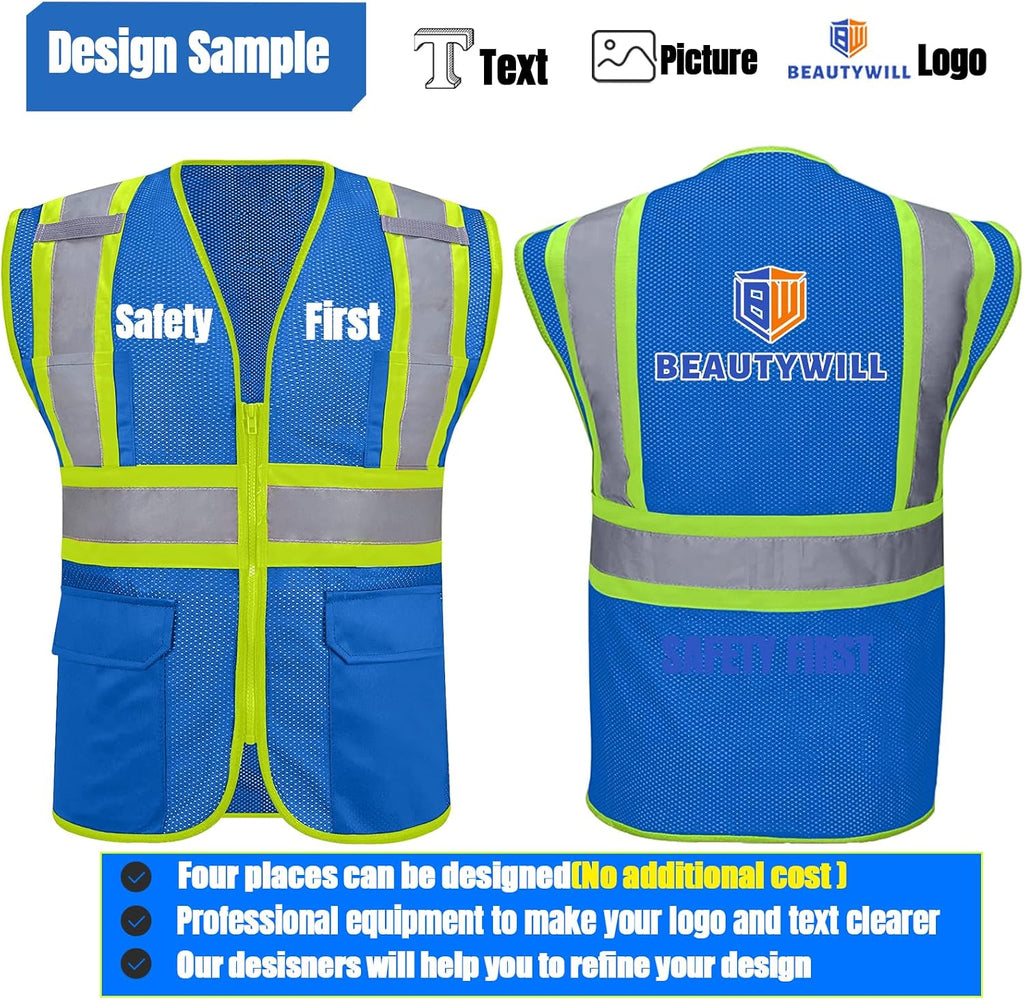 BeautyWill Custom Safety Vest Customized Logo Class 2 High Visibility Reflective Vest with Pockets Construction workwear