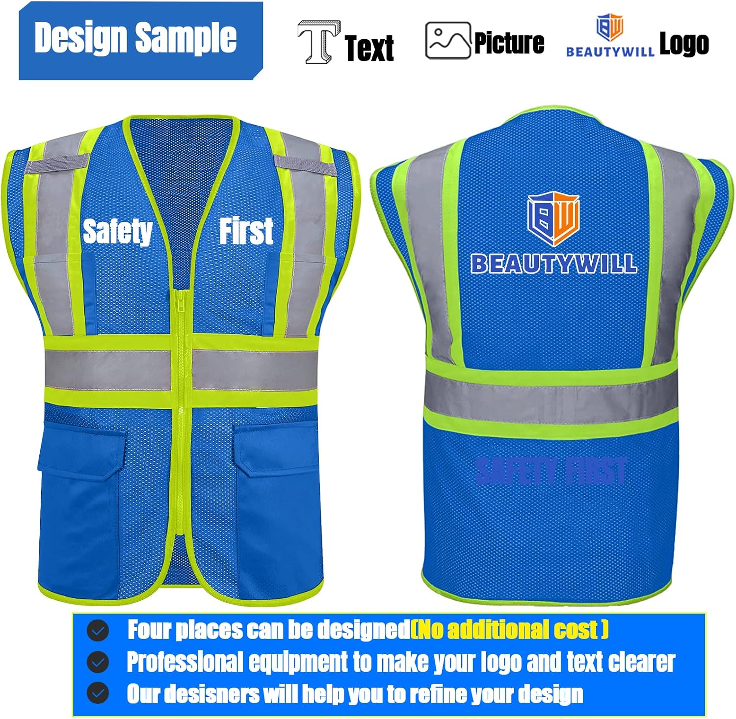 BeautyWill Custom Safety Vest Customized Logo Class 2 High Visibility Reflective Vest with Pockets Construction workwear