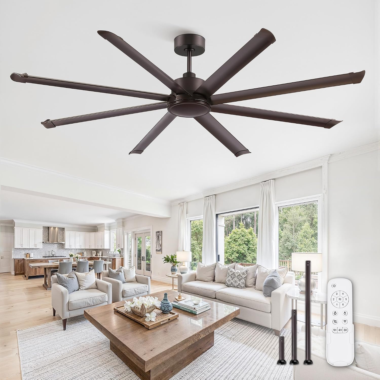 ZMISHIBO 84' Large Industrial Ceiling Fans No light with Aluminum 8 Blades, Commercial Ceiling Fan without Light,Quiet DC Motor, 6 Speeds, Indoor Outdoor Ceiling Fan for Patio,Garage,Shop, Oil Bronze