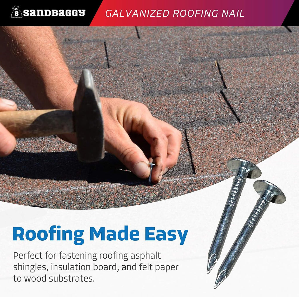 Sandbaggy 1-1/4' Galvanized Roofing Nails - Install Shingles, Siding, Insulation Board, Felt Paper - Flat Head, 11 Gauge Steel, Smooth Shank (30, Pounds)