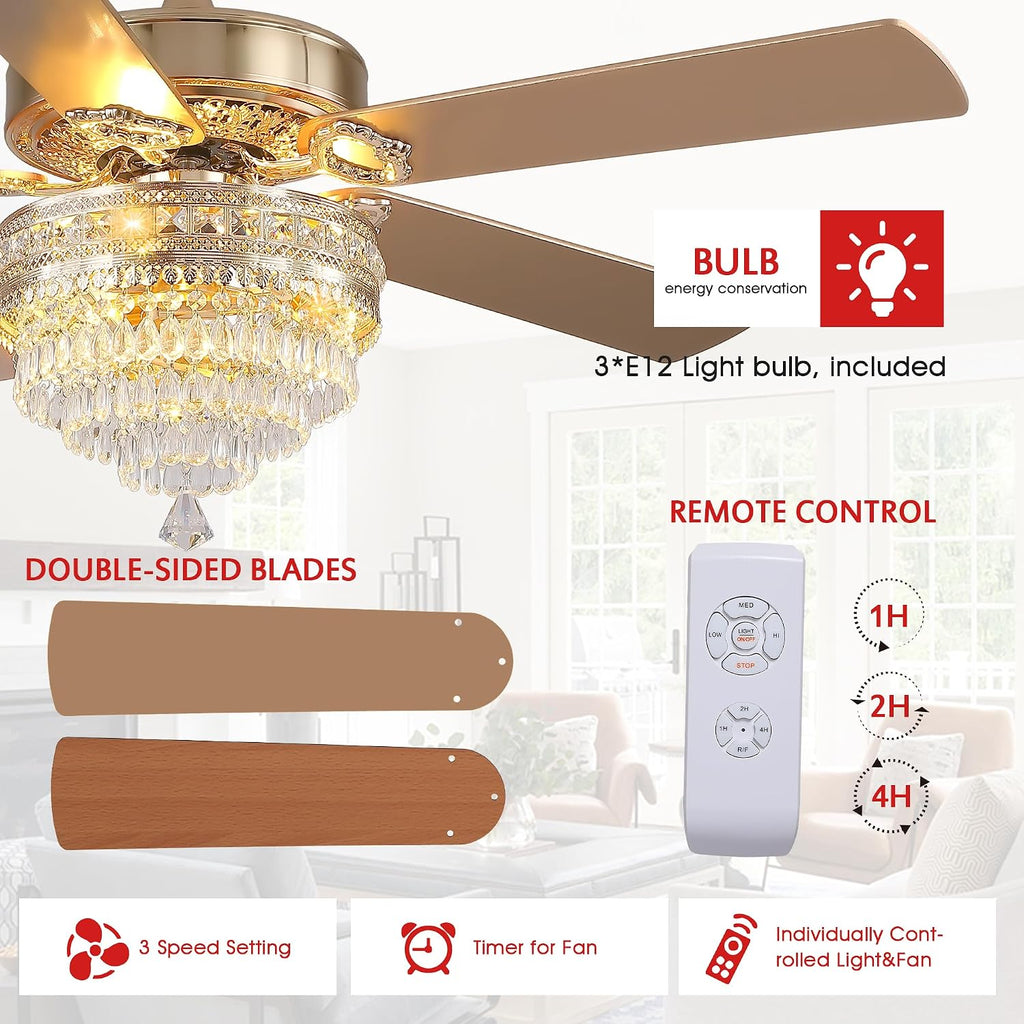 GJeg Crystal Ceiling Fan Fandelier with Lights - Retro Outdoor Fans with Remote Control, Farmhouse Ceiling Fan with Noiseless AC Reversible Motor,Dining Room,Living Room(52' Gold)