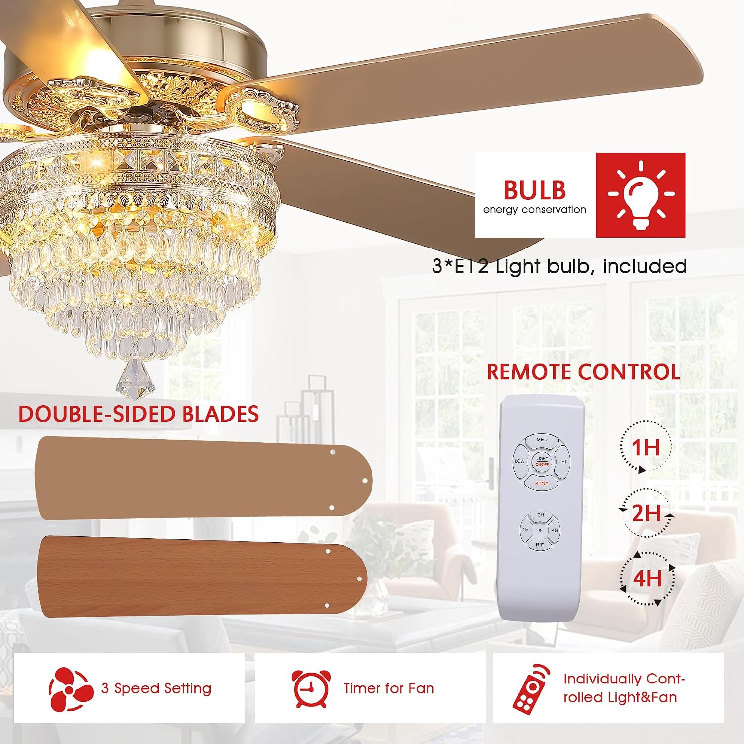 GJeg Crystal Ceiling Fan Fandelier with Lights - Retro Outdoor Fans with Remote Control, Farmhouse Ceiling Fan with Noiseless AC Reversible Motor,Dining Room,Living Room(52' Gold)