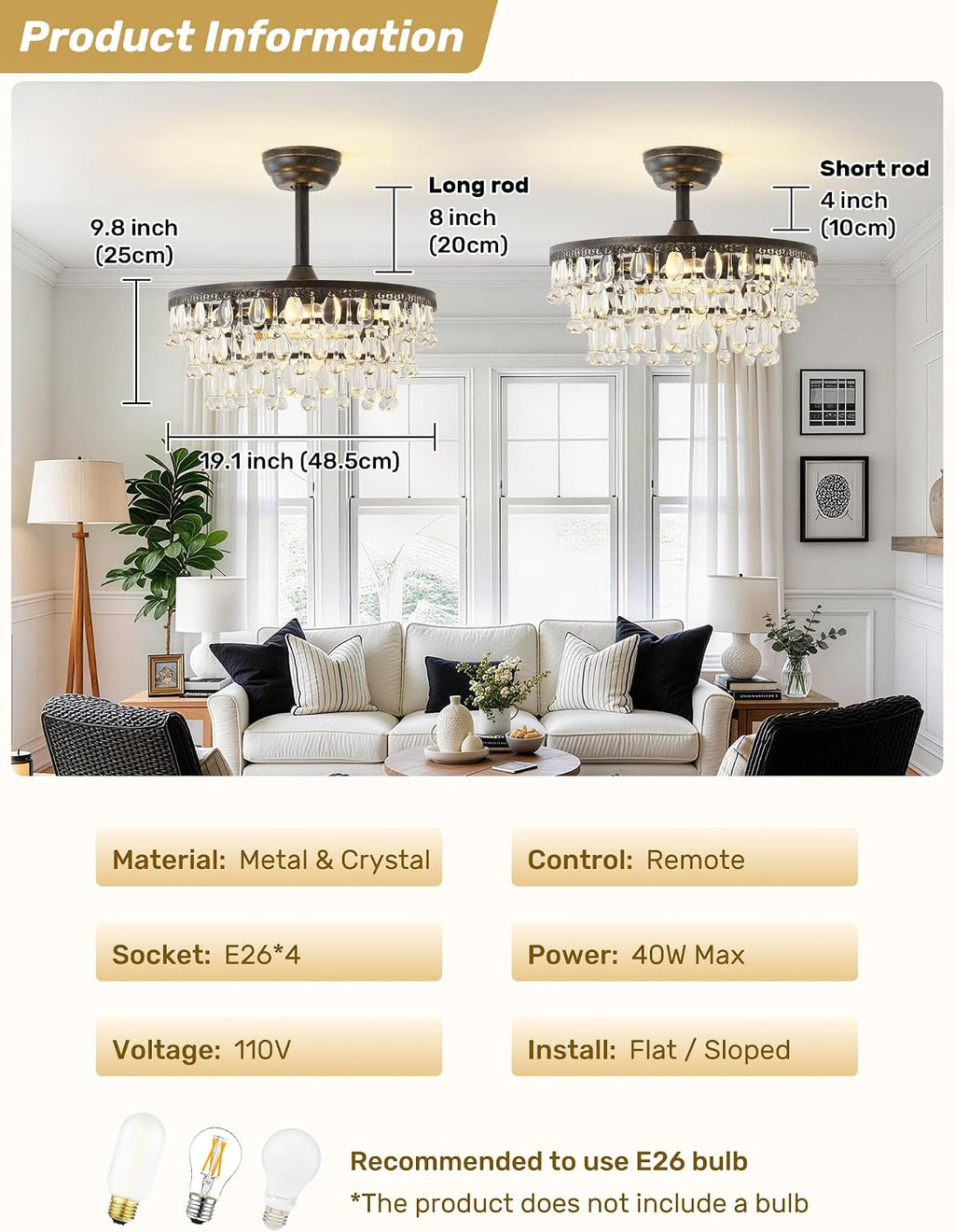 Crystal Fandelier Ceiling Fan with Light, 20' Black Crystal Chandelier Ceiling Fans with Lights and Remote with 6 Speeds for Bedroom, Living Room, Nursery