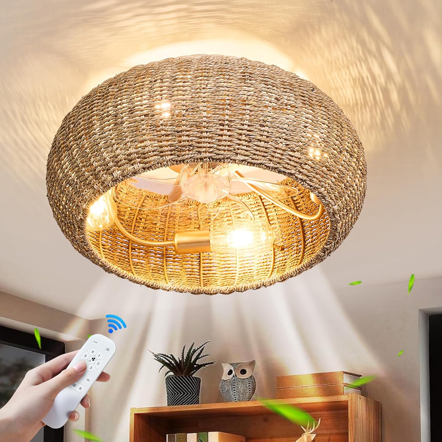Rattan Ceiling Fan with Lights 19.7IN Boho Handwoven Caged Fandelier with Light Farmhouse Handwoven Ceiling Fan Chandelier Fixture for Dining/Living Room Bedroom Entry Kitchen Restaurant Office