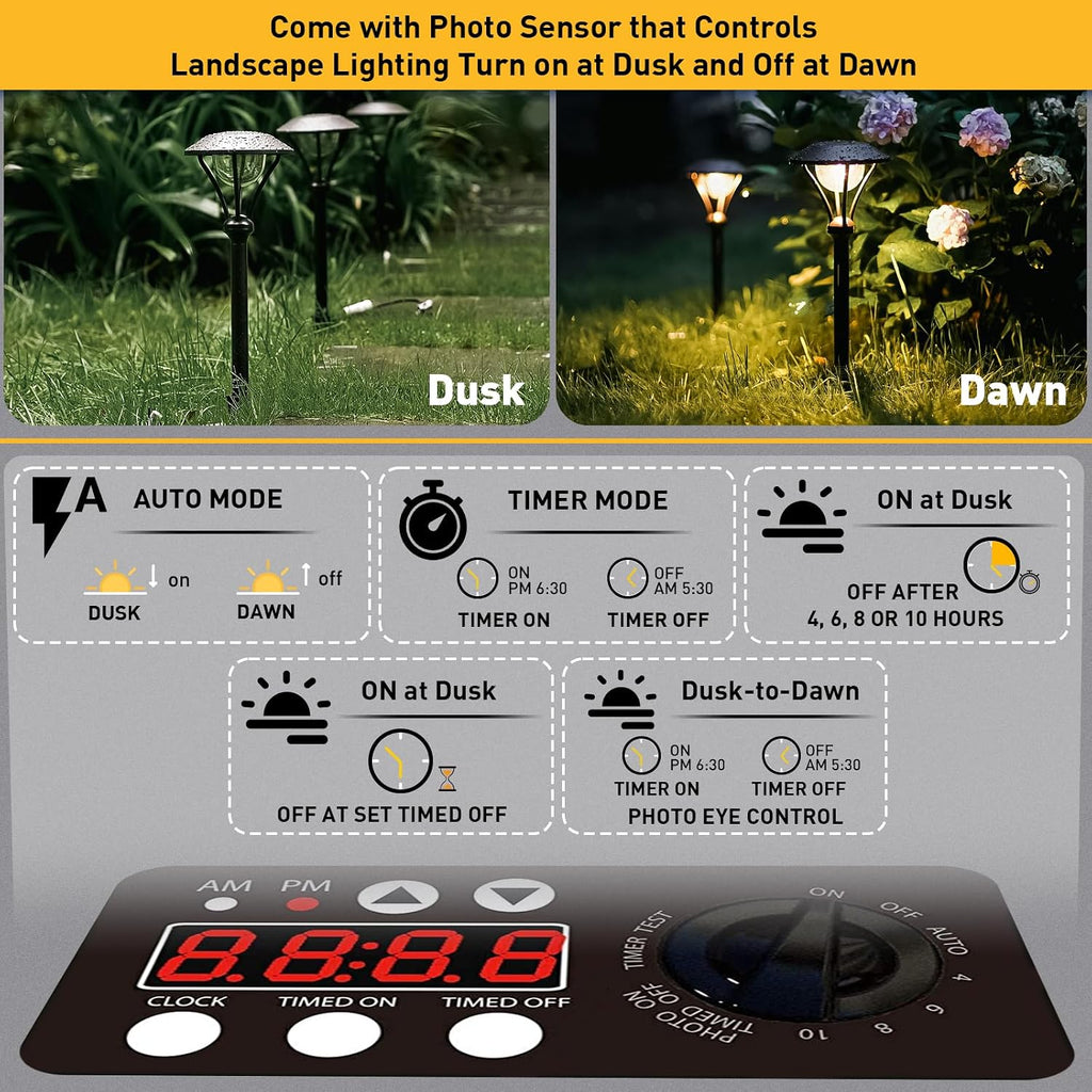 MALIBU 900W Low Voltage Transformer Outdoor Landscape Lighting Transformer 120V AC to 12V AC with Sensor and Weather Shield for Garden LED Lighting, Spotlight, Pathway Light, ETL Listed