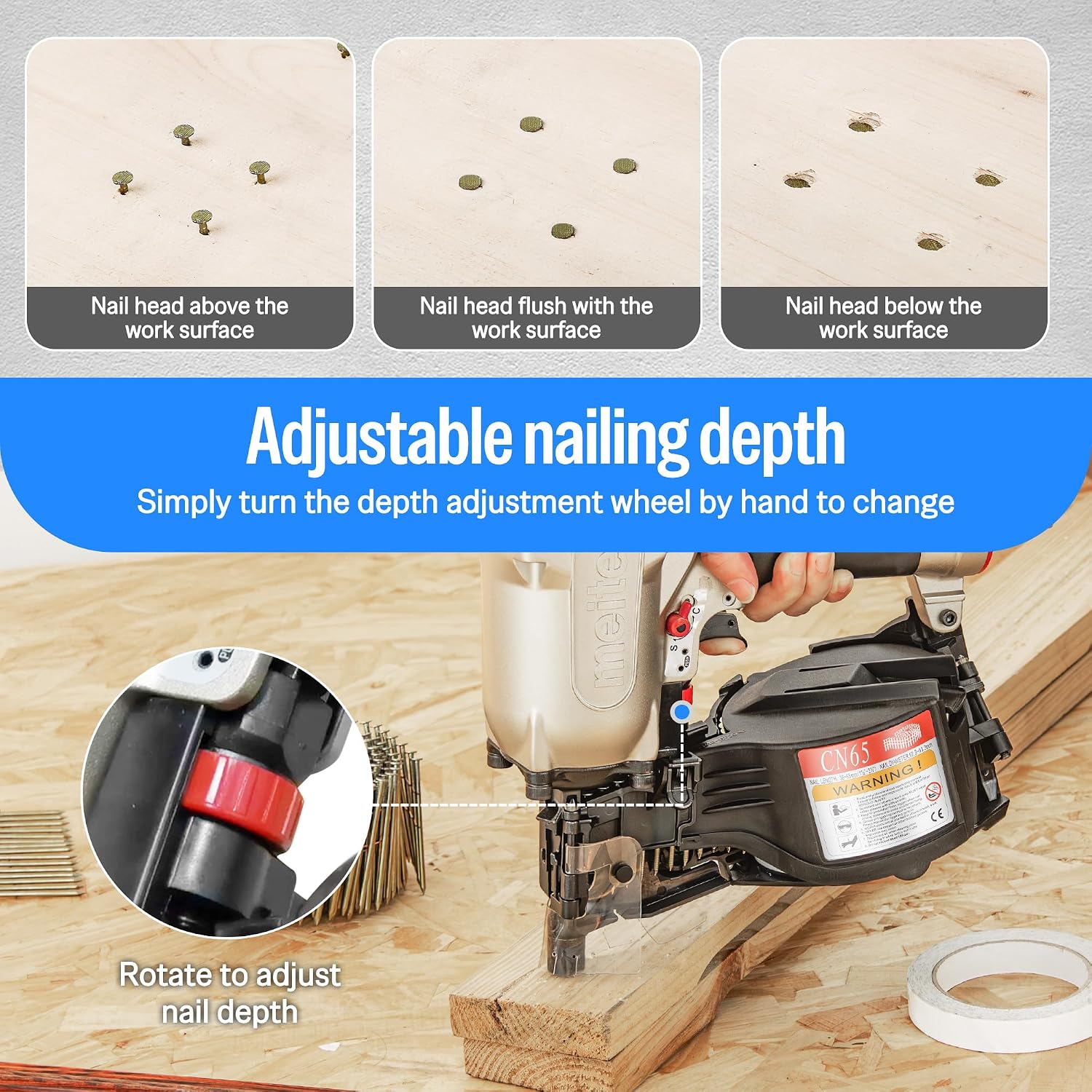 meite CN65 Pneumatic Coil Nailer with 15 Degree Siding Nails 2' × .099'' - Air Coil Nail Gun with 300PCS Magazine, 360° Adjustable Exhaust for Framing Sheathing Pallets Hardwood Projects