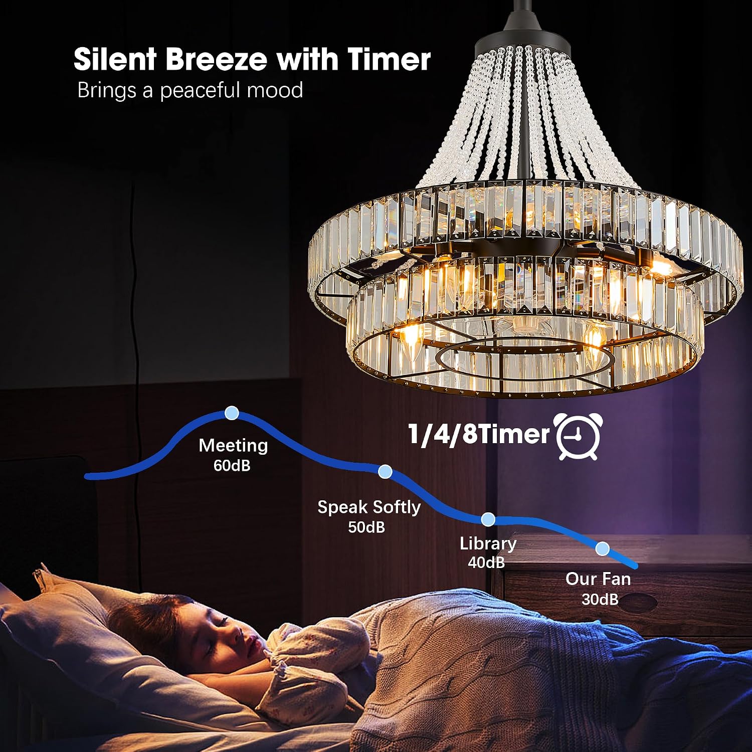 24' Farmhouse Crystal Chandelier Ceiling Fan with Lights, Remote & App Control, 6-Speed Reversible Large Fandelier, Double Layer Design for Bedroom, Living Room (Black)