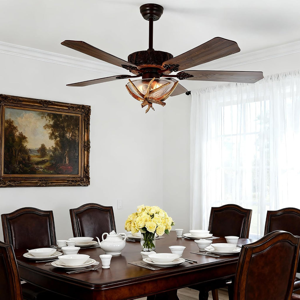 Fandian Antler Rustic Ceiling Fan with Lights and Remote, Modern Chandelier Fan Light, Indoor Cabin Electrical Fan with 5 Wood Blades, Farmhouse, Bedroom Living Room (D 46')
