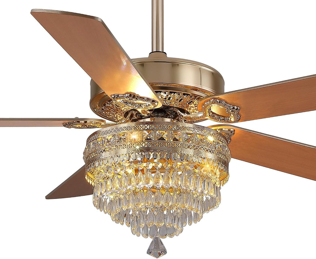 GJeg Crystal Ceiling Fan Fandelier with Lights - Retro Outdoor Fans with Remote Control, Farmhouse Ceiling Fan with Noiseless AC Reversible Motor,Dining Room,Living Room(52' Gold)