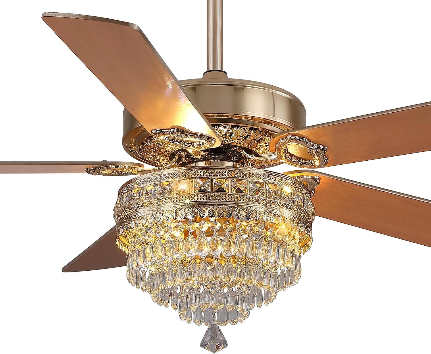 GJeg Crystal Ceiling Fan Fandelier with Lights - Retro Outdoor Fans with Remote Control, Farmhouse Ceiling Fan with Noiseless AC Reversible Motor,Dining Room,Living Room(52' Gold)