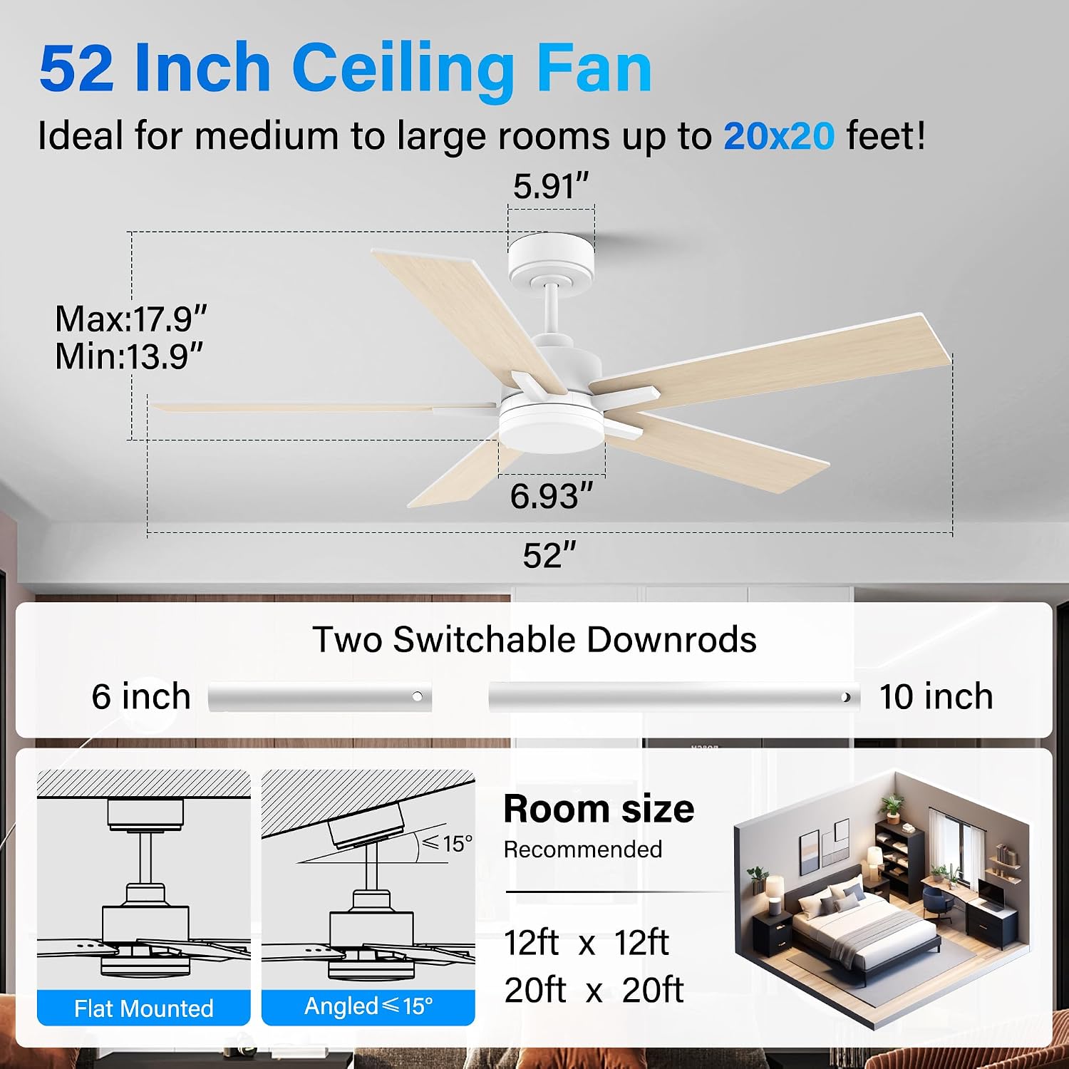 Lorpies 52' Smart Ceiling Fan with Lights Remote,Voice Control via Alexa Google WIFI App,Ultra Quiet DC Motor,Outdoor Indoor Modern Ceiling Fans,6-Speed for Bedroom Patio Porch,White and Wood Color