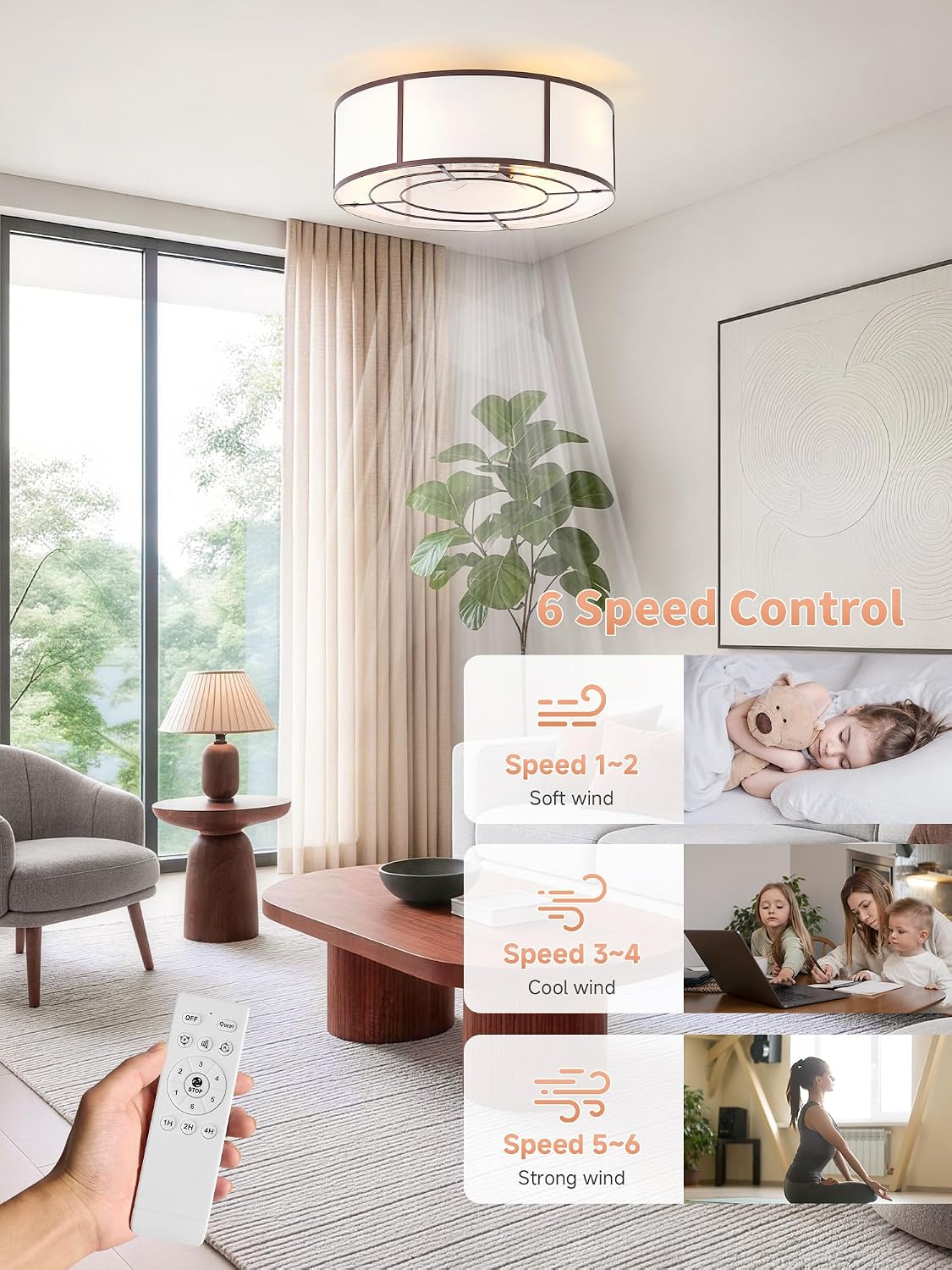 Low Profile Ceiling Fans with Lights, 20' Flush Mount Ceiling Fan with Light, Brown and White Boho Bladeless with 6 Speeds Remote Control for Bedroom, Nursery, Living Room