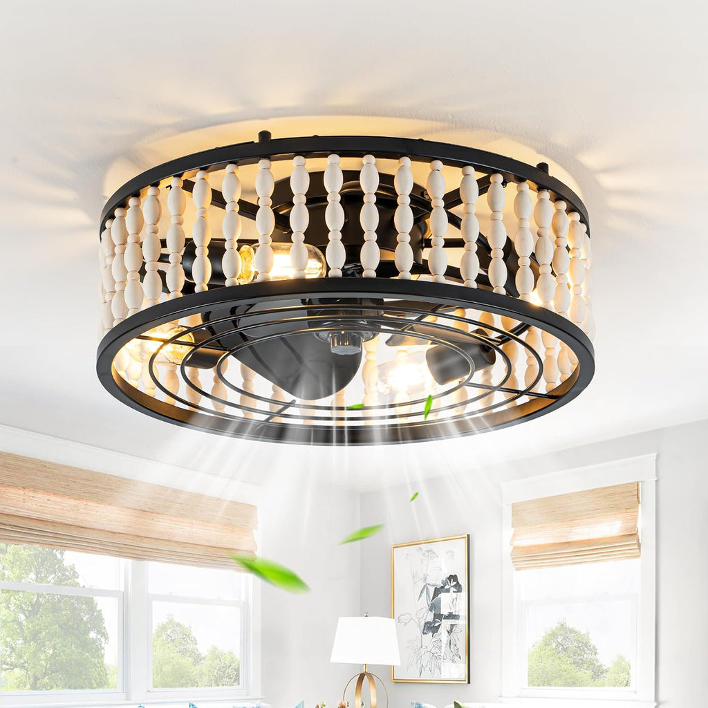 20' Boho Ceiling Fan with Light, Farmhouse Wood Beaded Ceiling Fanwith Remote, Flush Mount/Low Profile/6-Speed/Timer/3 CCT/Quiet DC Motor/Reversible
