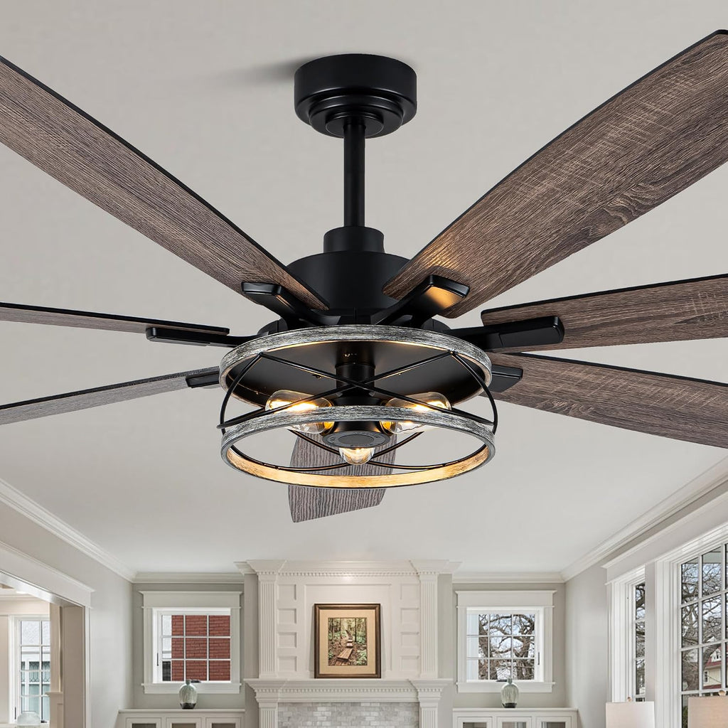72 Inch Farmhouse Ceiling Fan with Lights Large Rustic Ceiling Fan Wood Caged Fandelier Chandelier Light for Indoor Outdoor, 7 Dual Blades 3 E26 Bulbs, Reversible Quiet DC Motor 6 Speeds