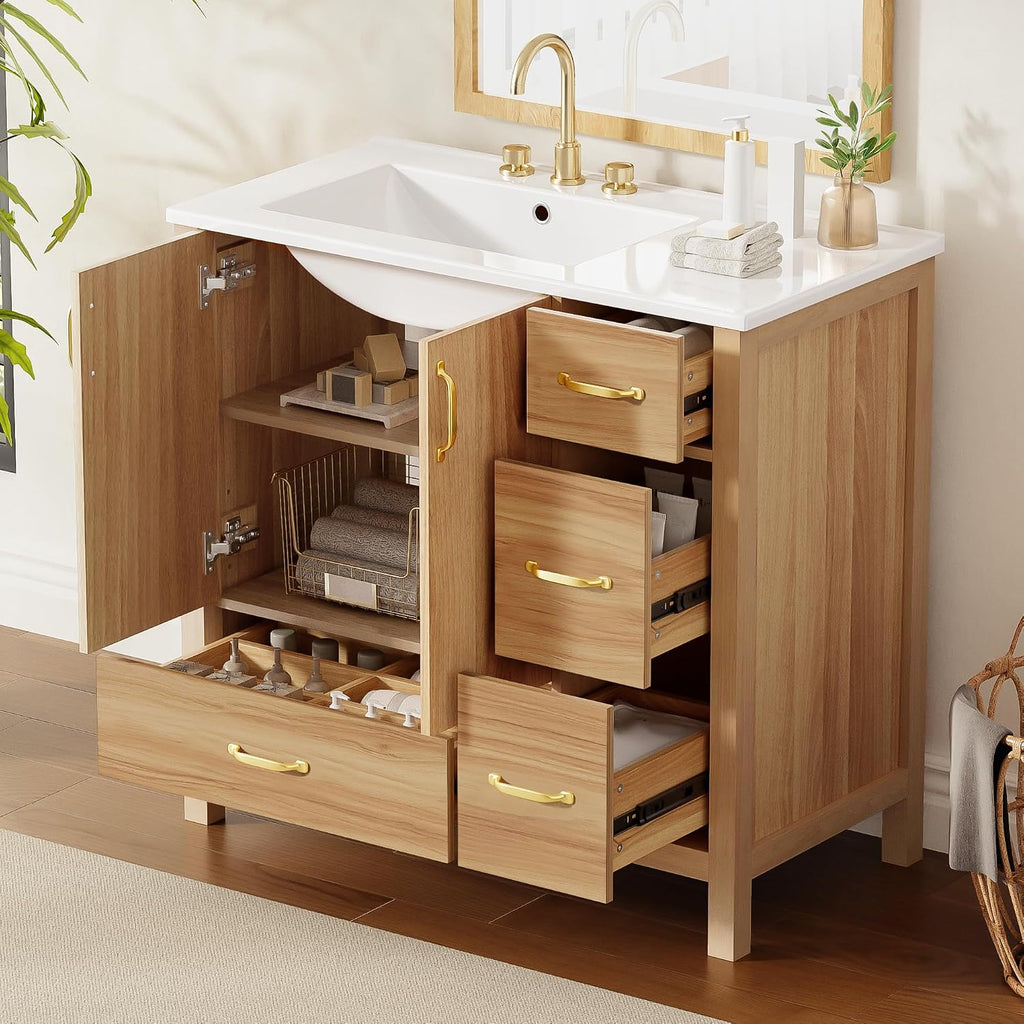 Harper & Bright Designs 36' Bathroom Vanity with Sink, Free Standing Single Basin Vanity with 2 Doors & 4 Soft-Closing Drawers, Solid Wood Storage Cabinet with Ceramic Basin for Bathroom, Acacia Wood