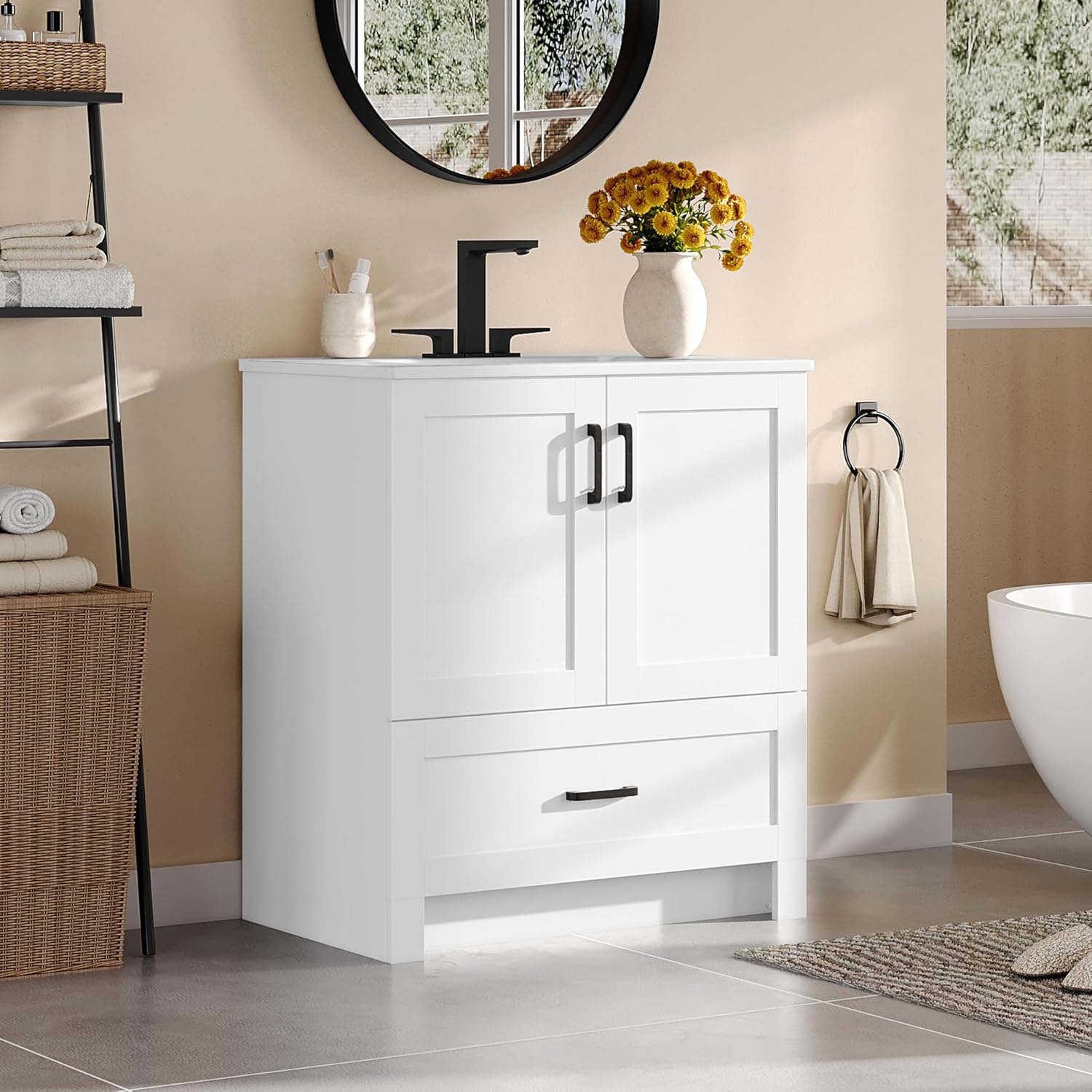 Yaheetech 30' Bathroom Vanity with Ceramic Basin, Freestanding Bathroom Storage Cabinet with 2 Soft-Close Door and 1 Tip-Out Drawer, Undermount Vanity Sink Cabinet, Easy-to-Clean, White