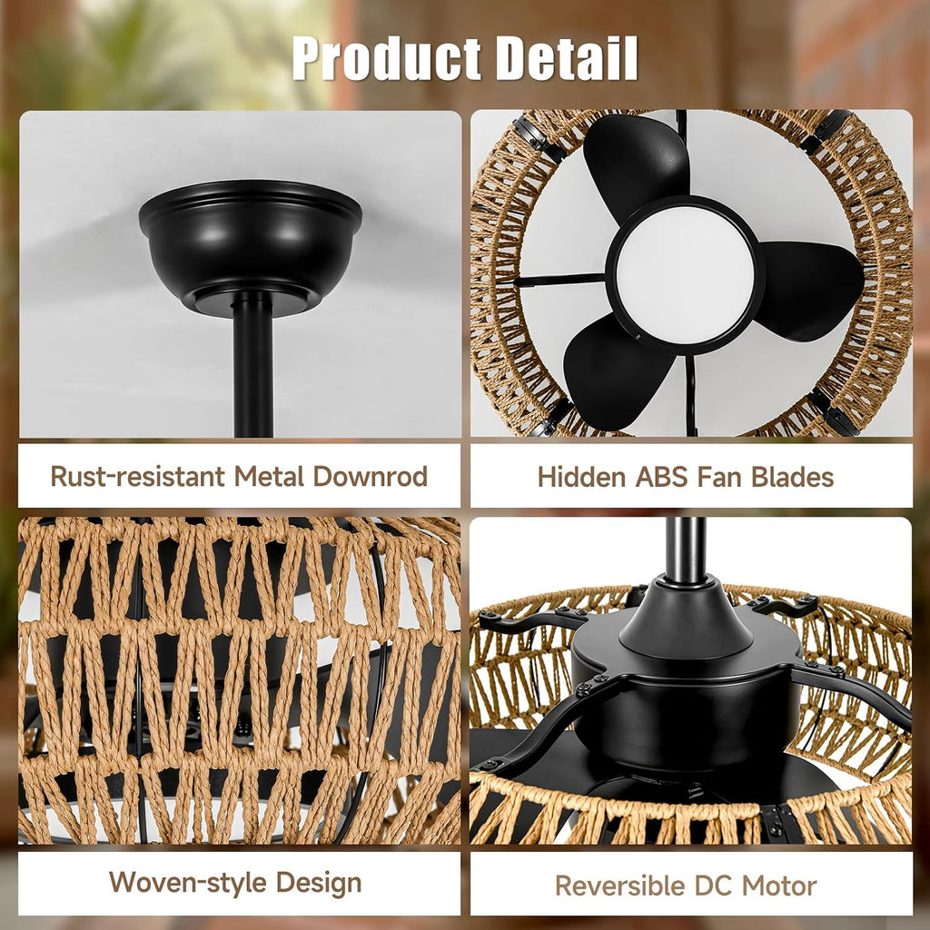 ocioc 20' Caged Ceiling Fans with Lights and Remote,Fandelier Ceiling Fan with Light,Bladeless,Quiet Reversible DC Motor,Rattan Boho Ceiling Fan for Bedroom,Living Room